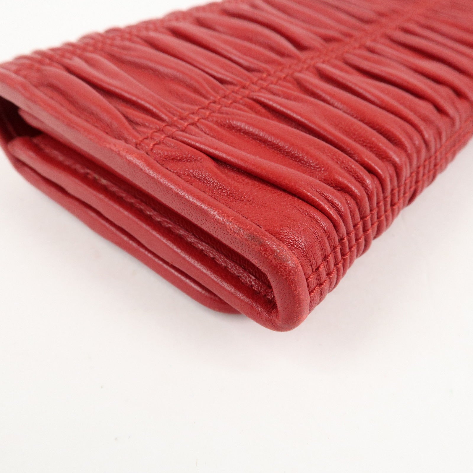 PRADA Logo Leather Bi-Fold Long Wallet Red Gold Hardware Used