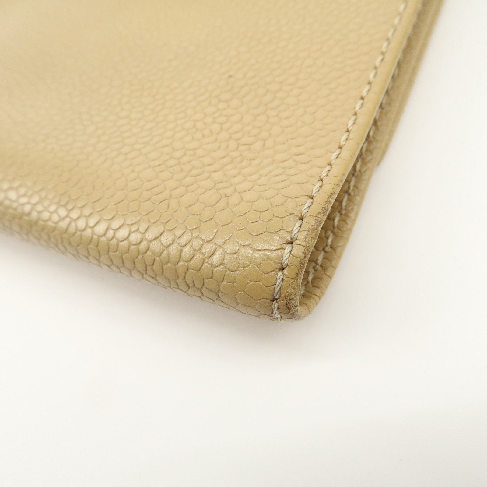 CHANEL Caviar Skin COCO Mark Tri-Fold Wallet Beige Gold Used