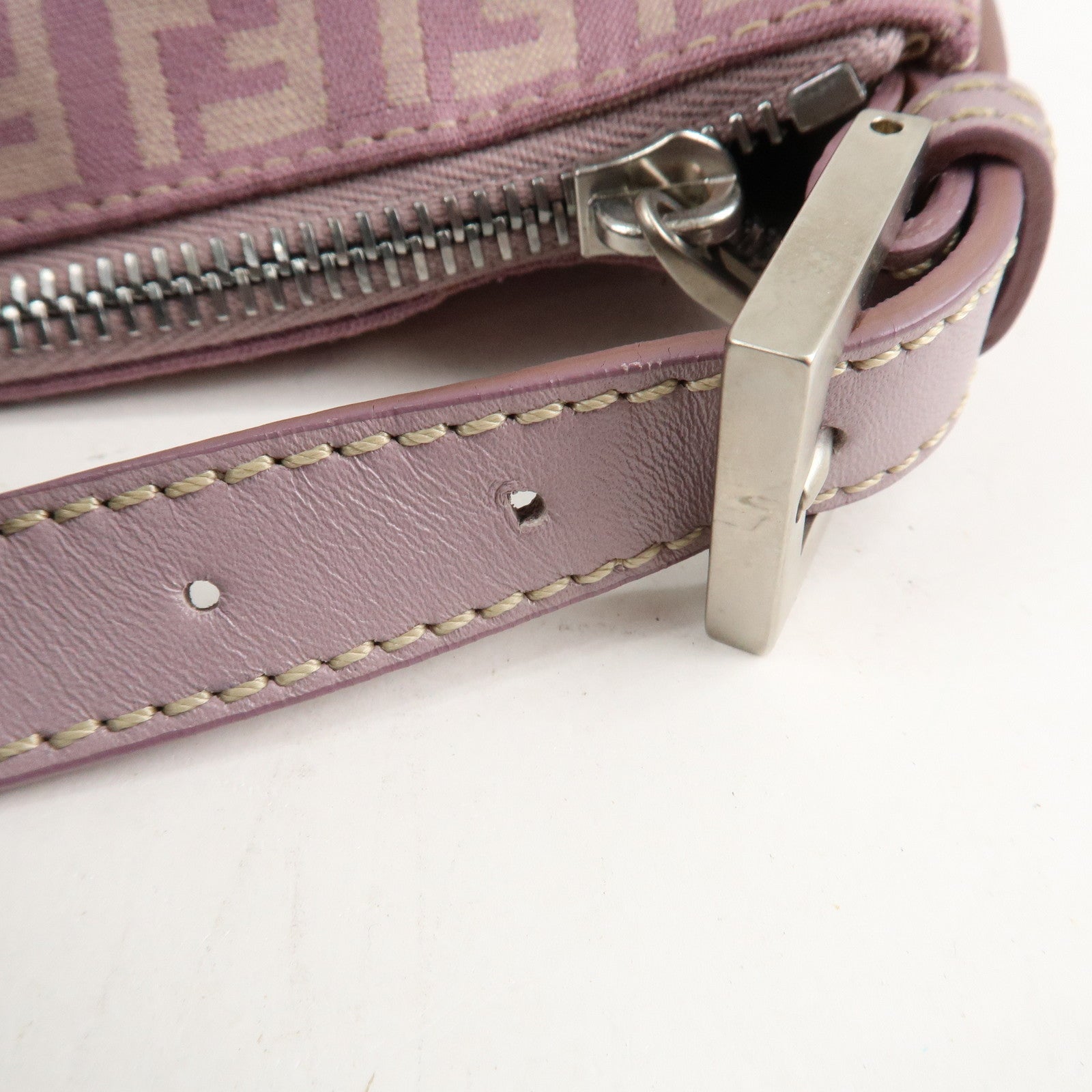 Auth FENDI Zucchino Canvas Leather Hand Bag Pouch Purple Beige 8N0005 Used F/S Used