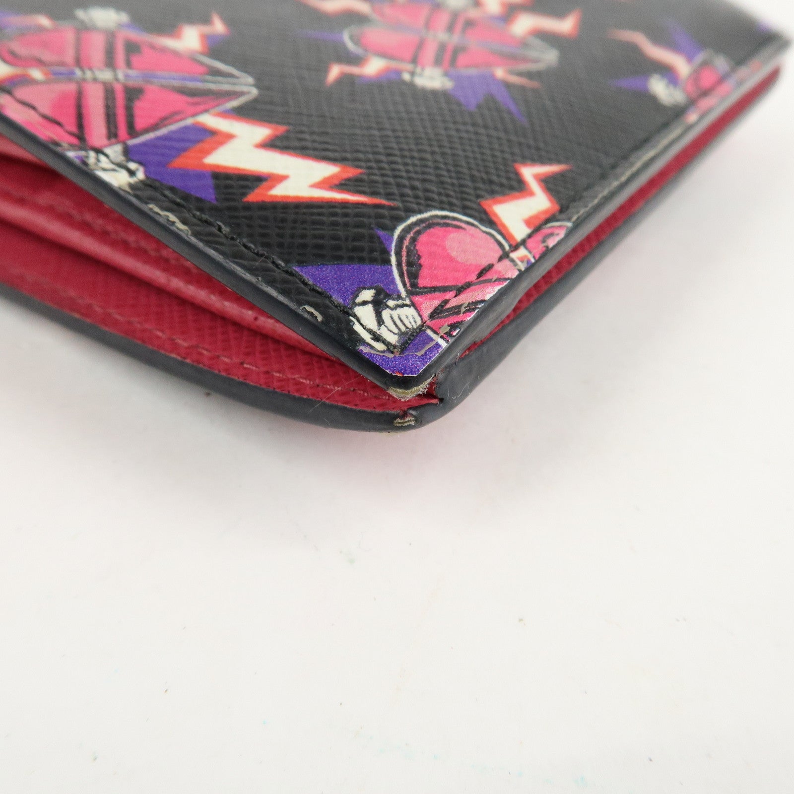 PRADA Logo Saffiano Leather Heart Print Bi-fold Wallet 1MV204 Used