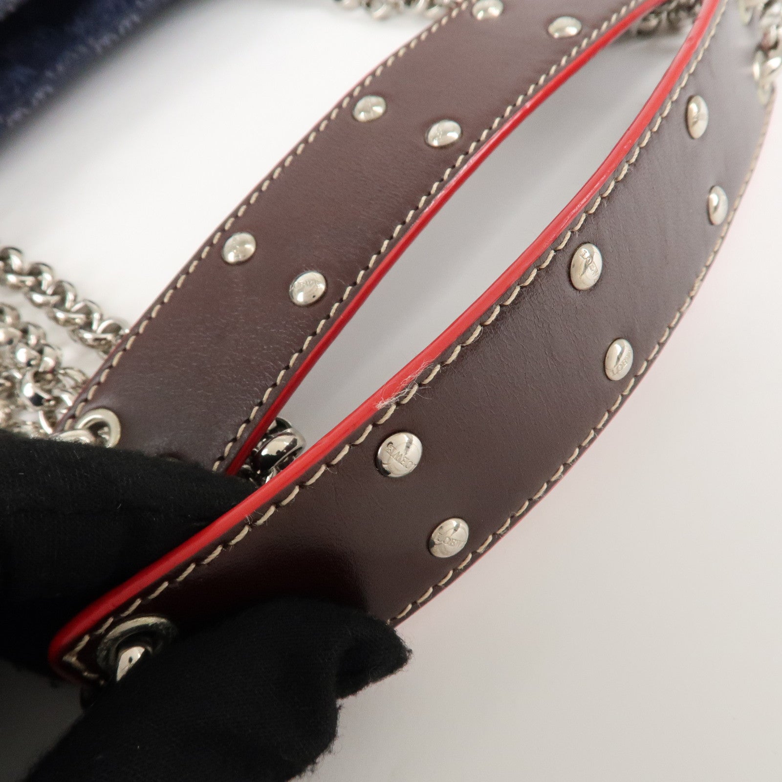 LOEWE Anagram Canvas Leather Chain Tote Bag Shoulder Bag Blue Used