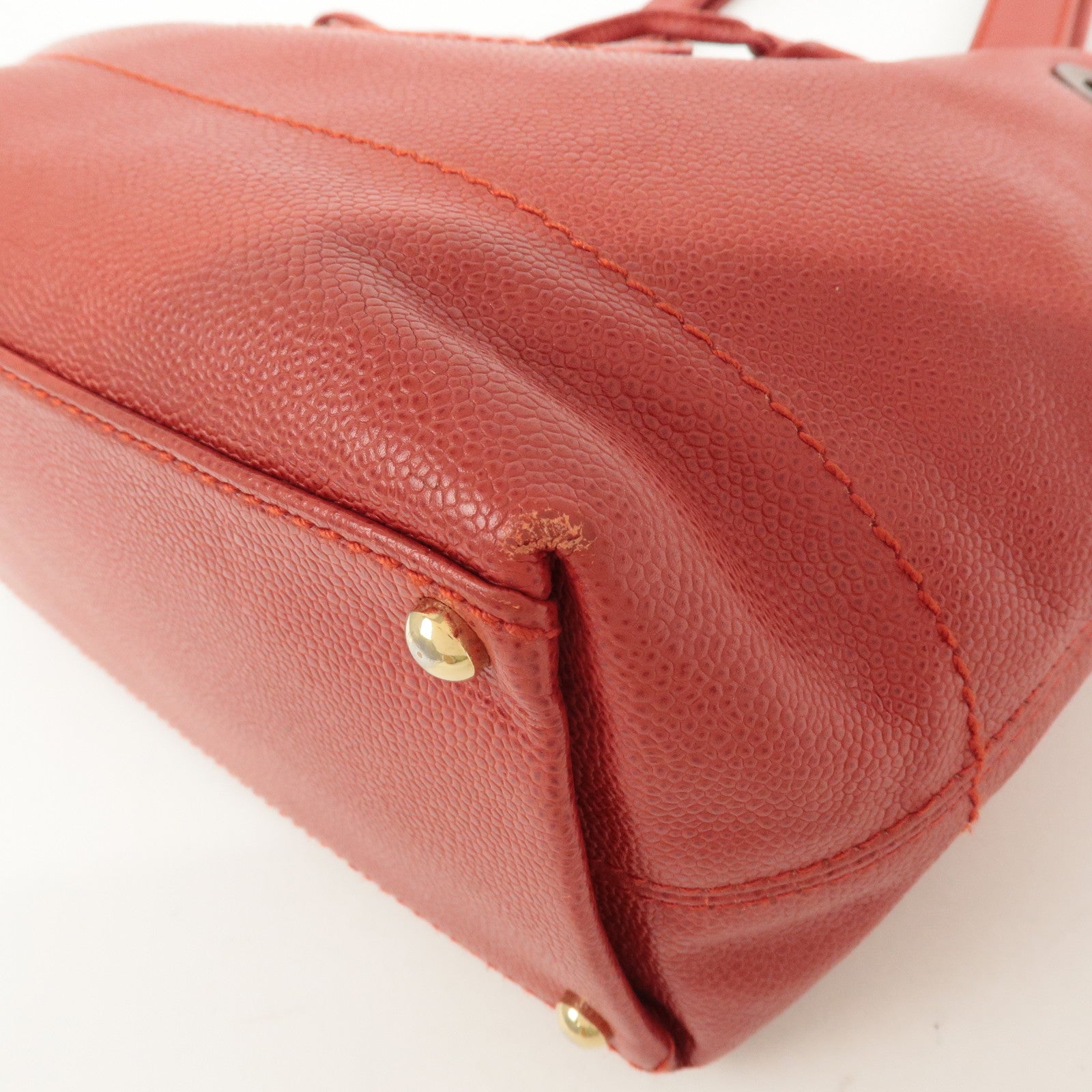 CHANEL Caviar Skin COCO Mark Tote Bag Hand Bag Red Used