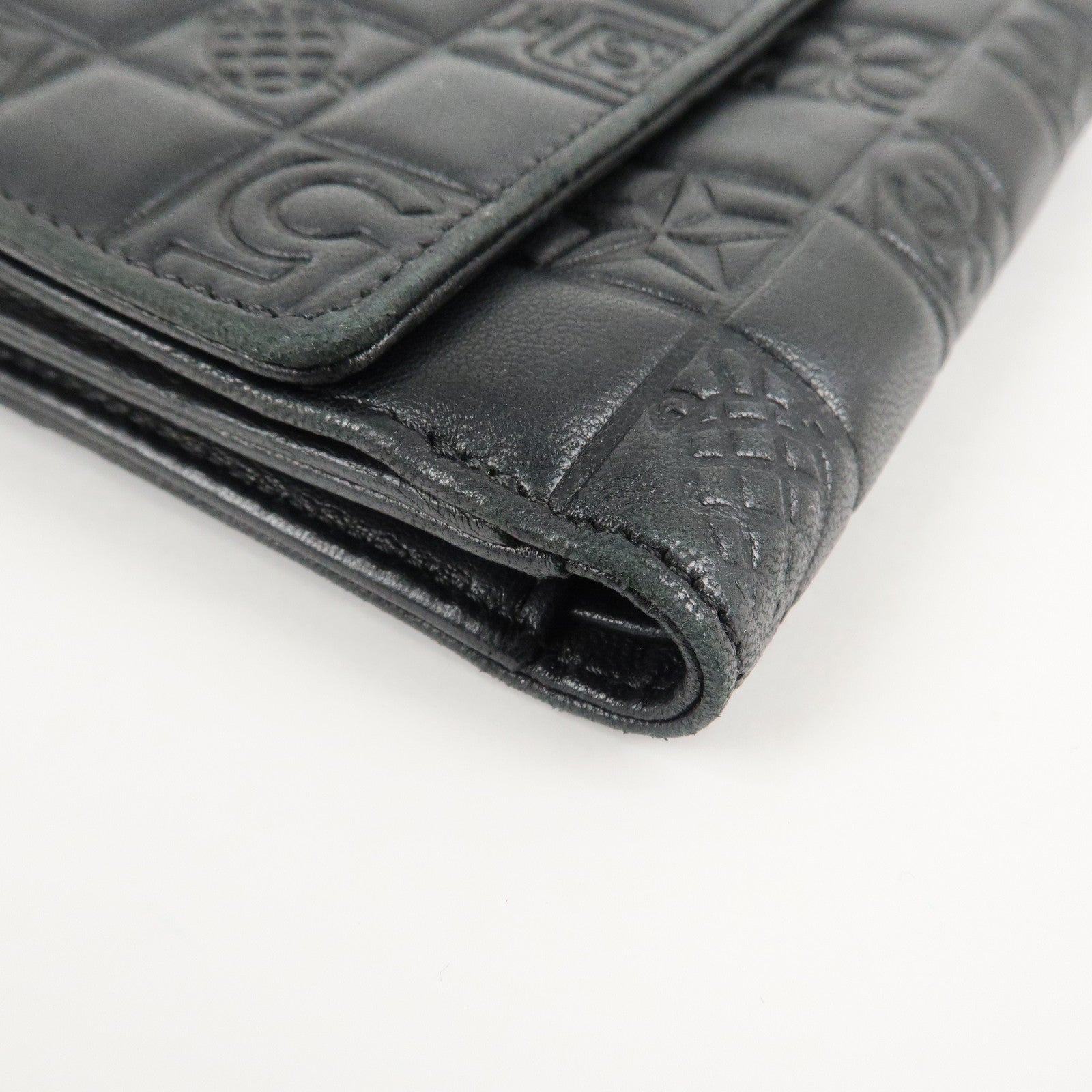 CHANEL Icon Line Lamb Skin W Flap Bi-fold Wallet Black A24212 Used