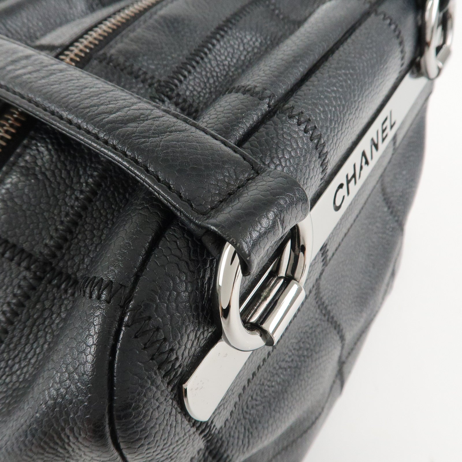 CHANEL Chocolate Bar Caviar Skin Mini Boston Bag Black A26135 Used