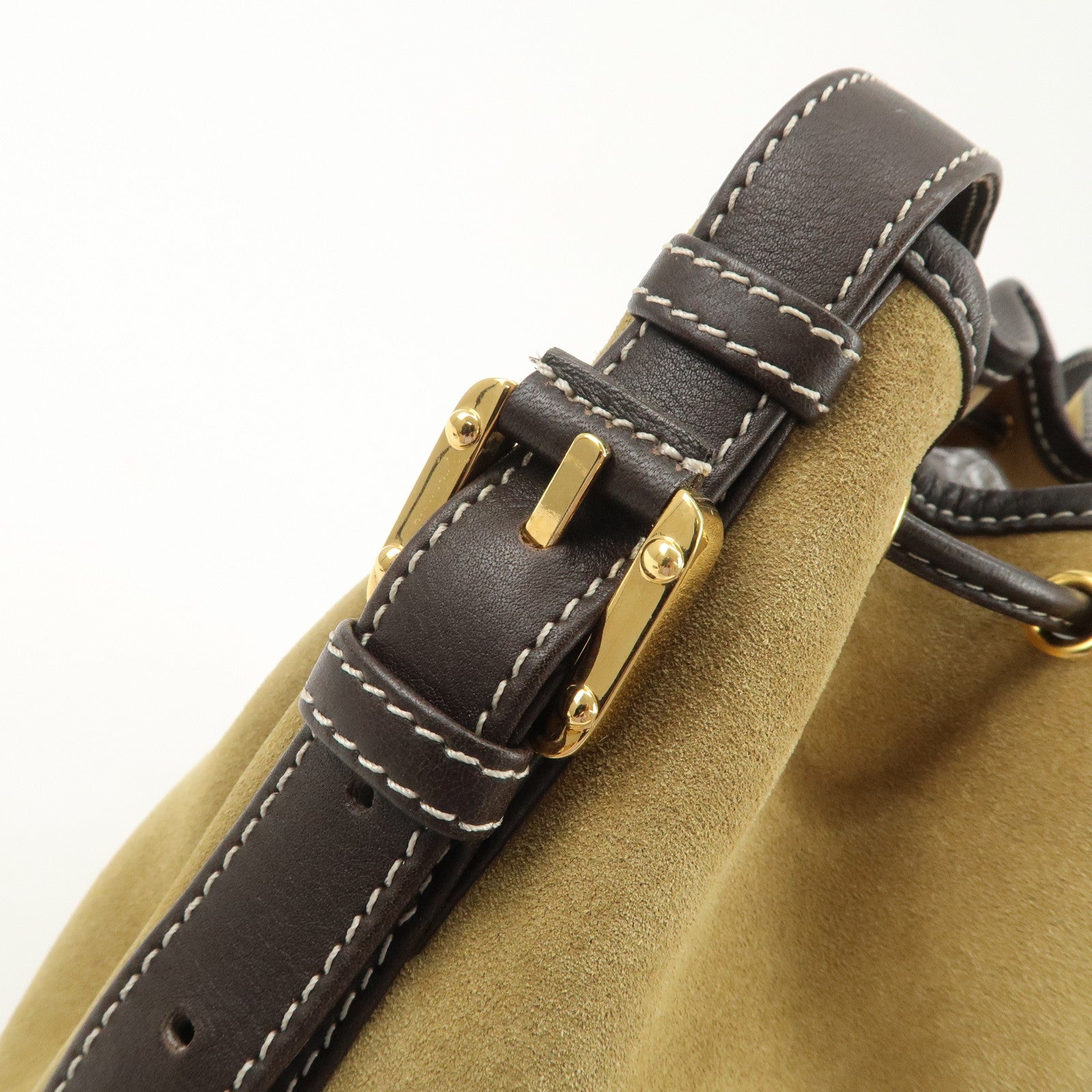 LOEWE Anagram Suede Leather Drawstring Shoulder Bag Beige Brown Used