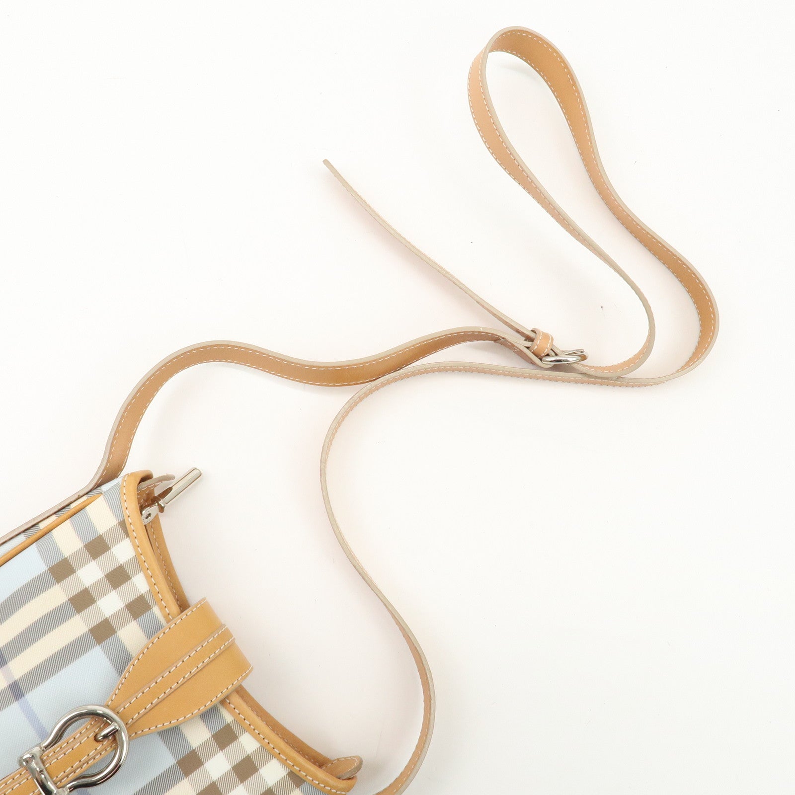 BURBERRY PVC Leather Nova Plaid Shoulder Bag Hand Bag Beige Blue Used