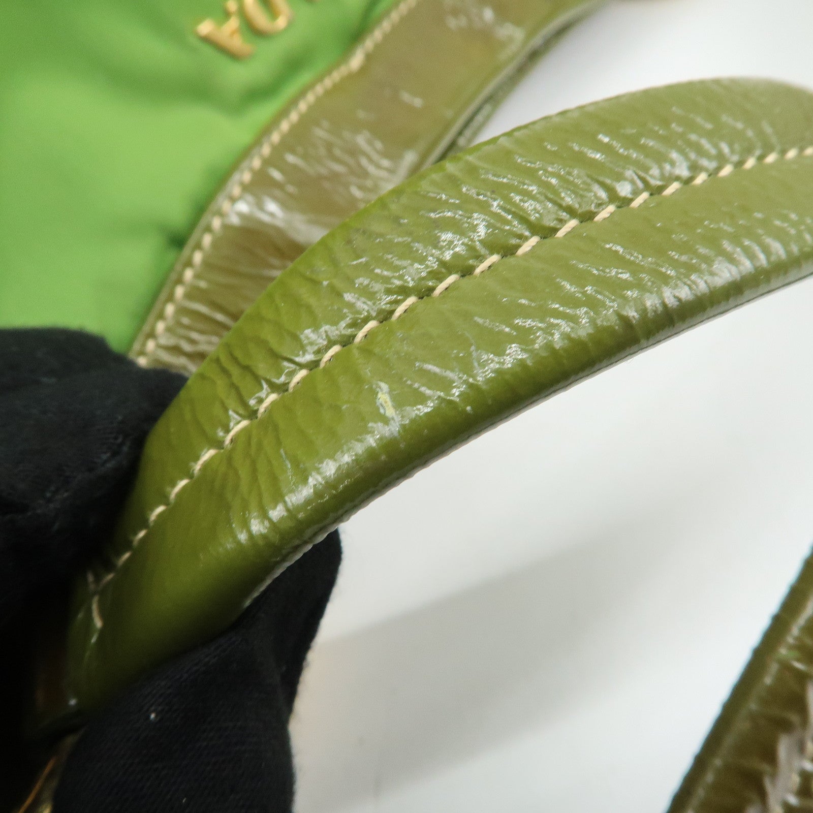 PRADA Nylon Patent Leather Tote Bag Shoulder Bag Green Khaki Used