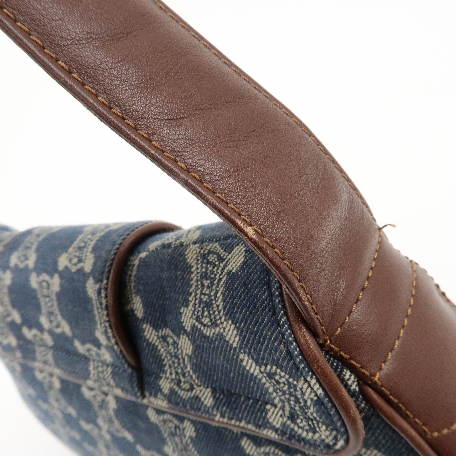 CELINE Macadam Denim Leather Shoulder Bag Blue Brown Used