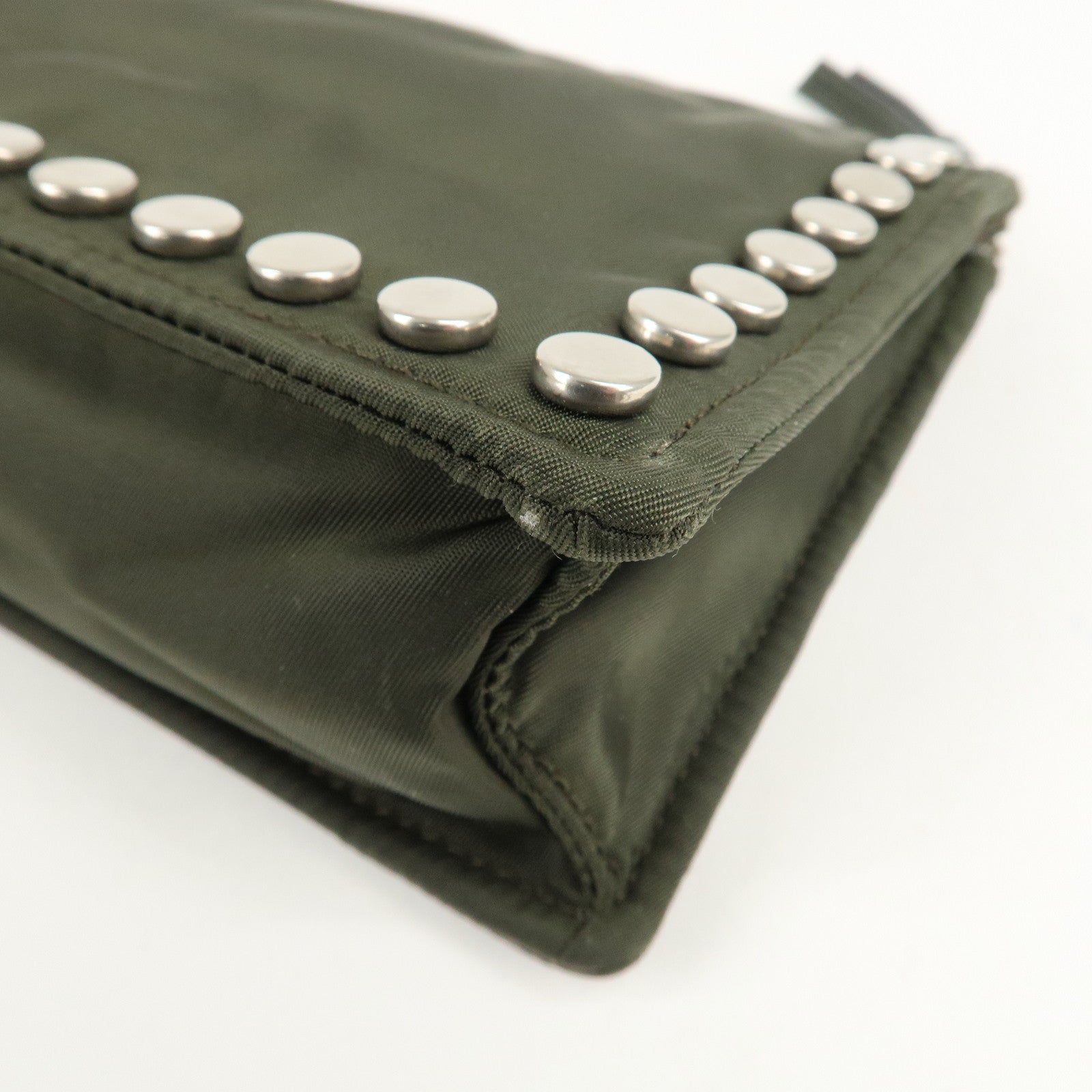 PRADA Tessuto Travel Pouch Studs Military Silver HDW Used
