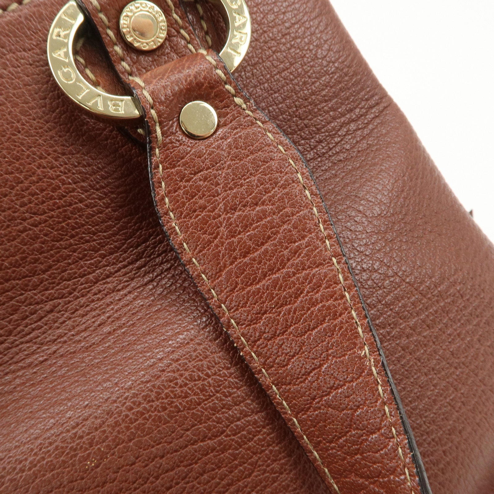 BVLGARI Leather Front Pocket Hand Bag Tote Bag Brown Used