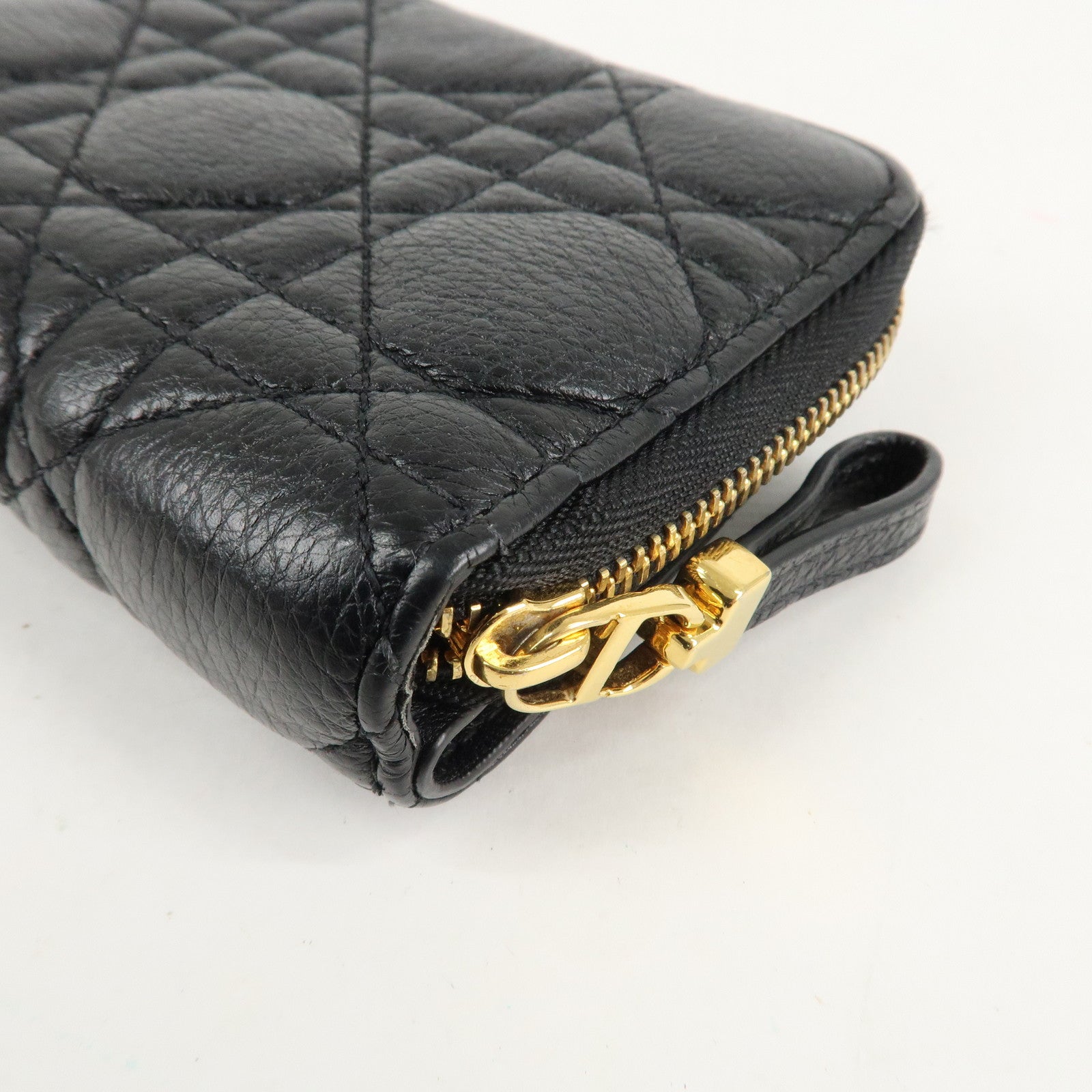 Christian Dior Cannage Leather Bi-fold Wallet Black Gold HDW Used