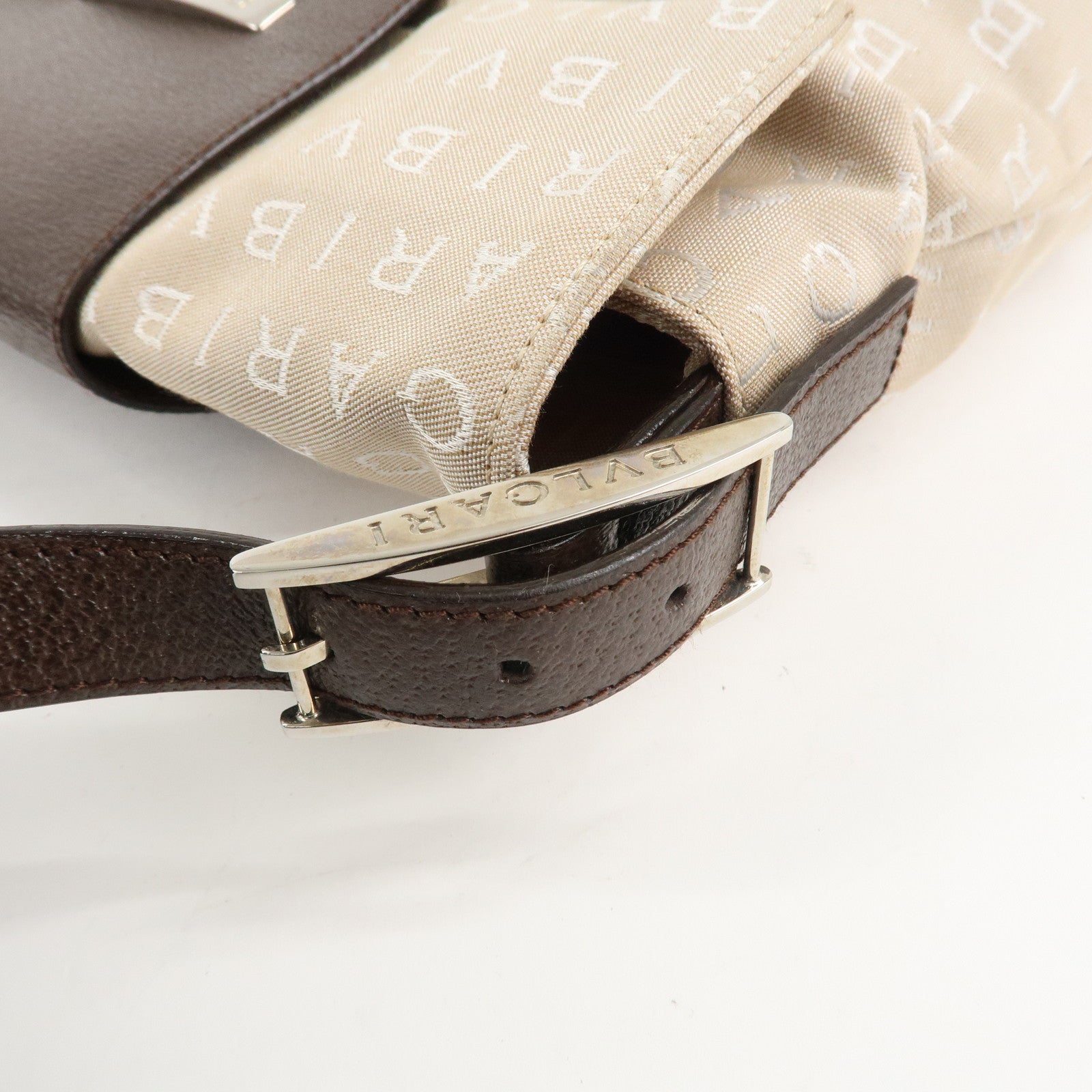 BVLGARI Logo Mania Canvas Leather Hand Bag Shoulder Bag Beige Used