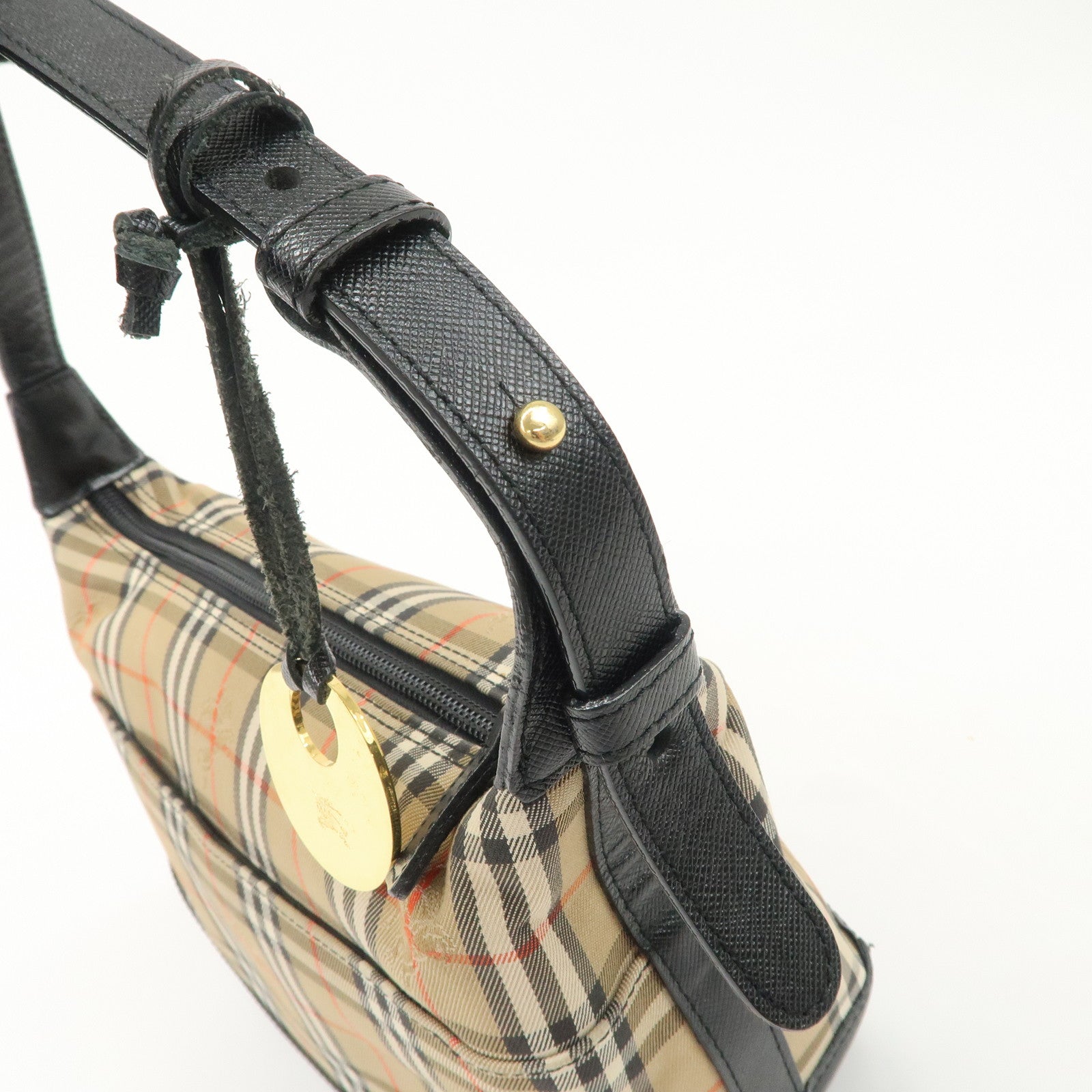 BURBERRY Nova Plaid Canvas Leather Shoulder Bag Hand Bag Black Used