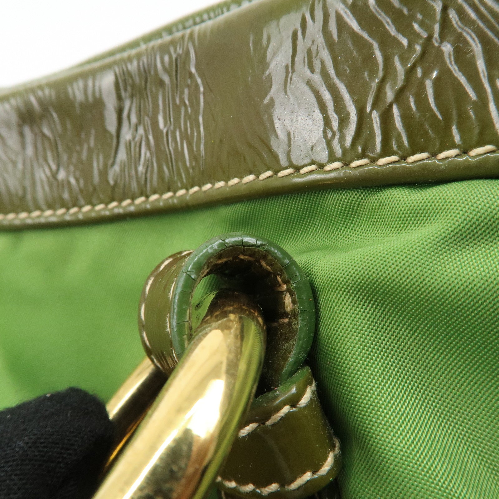 PRADA Nylon Patent Leather Tote Bag Shoulder Bag Green Khaki Used