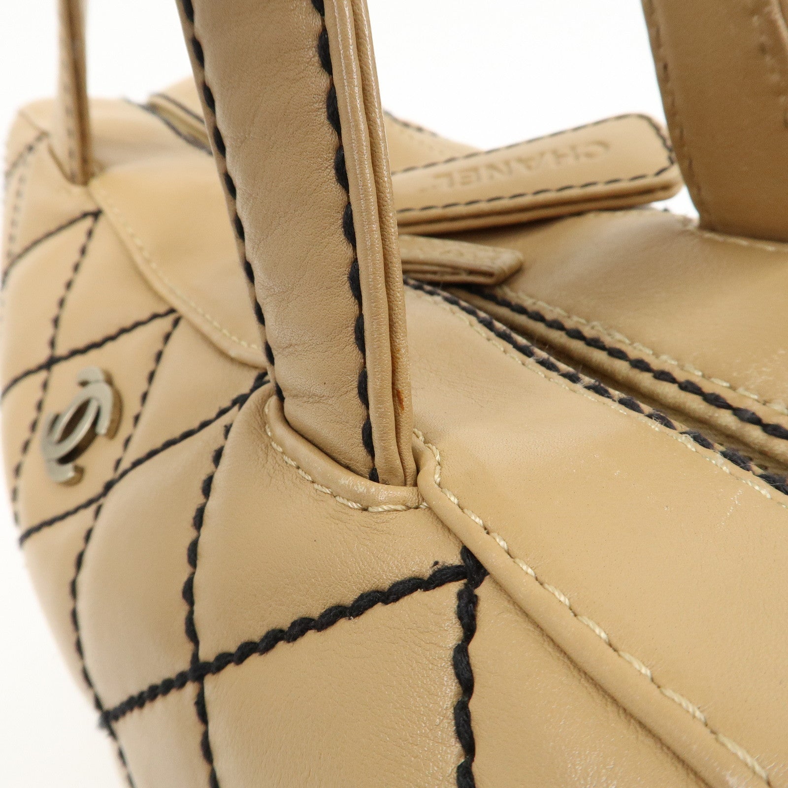 CHANEL Wild Stitch Lamb Skin Coco Mark Hand Bag Beige A14692 Used