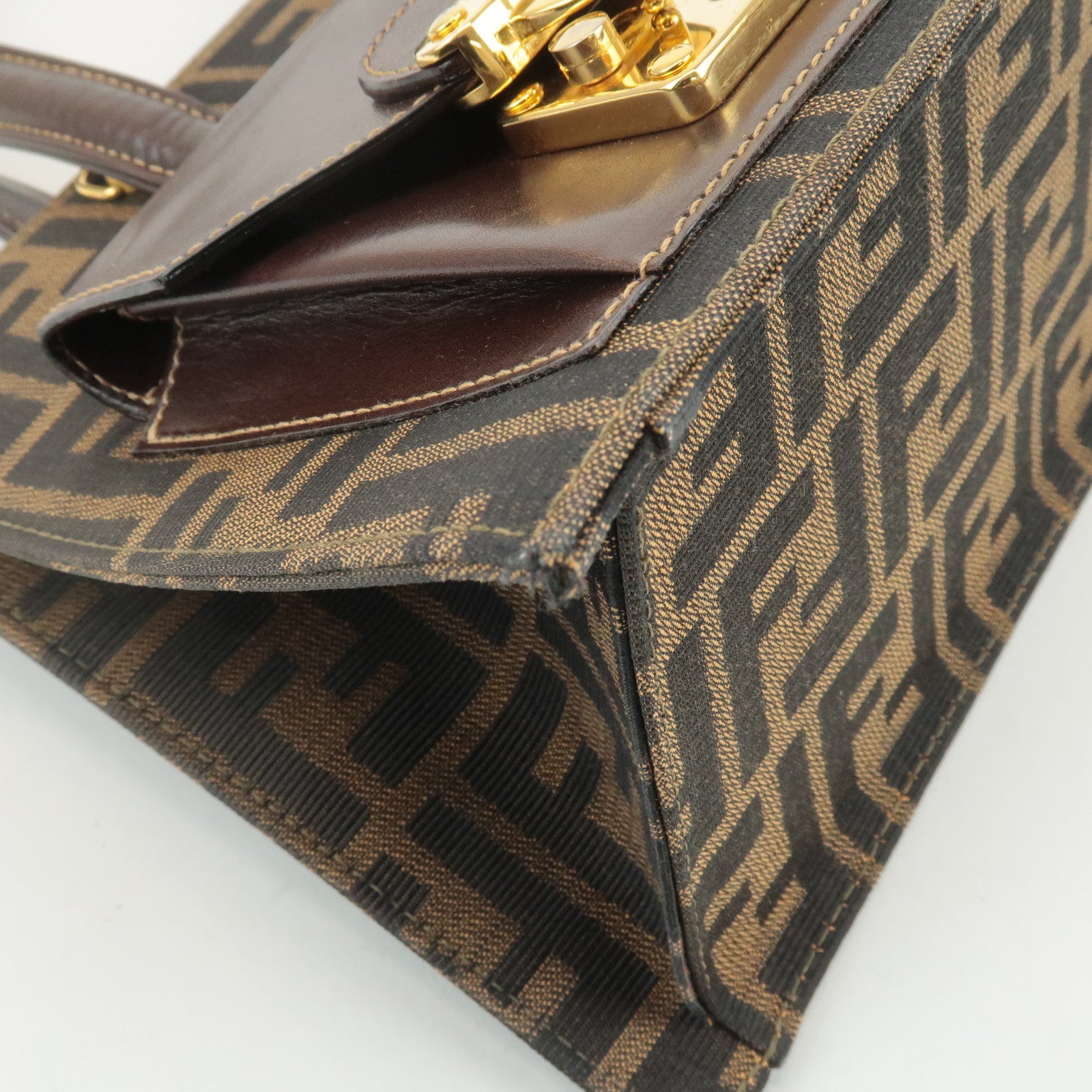 FENDI Zucca Canvas Leather Boston Bag Hand Bag Brown Black Used