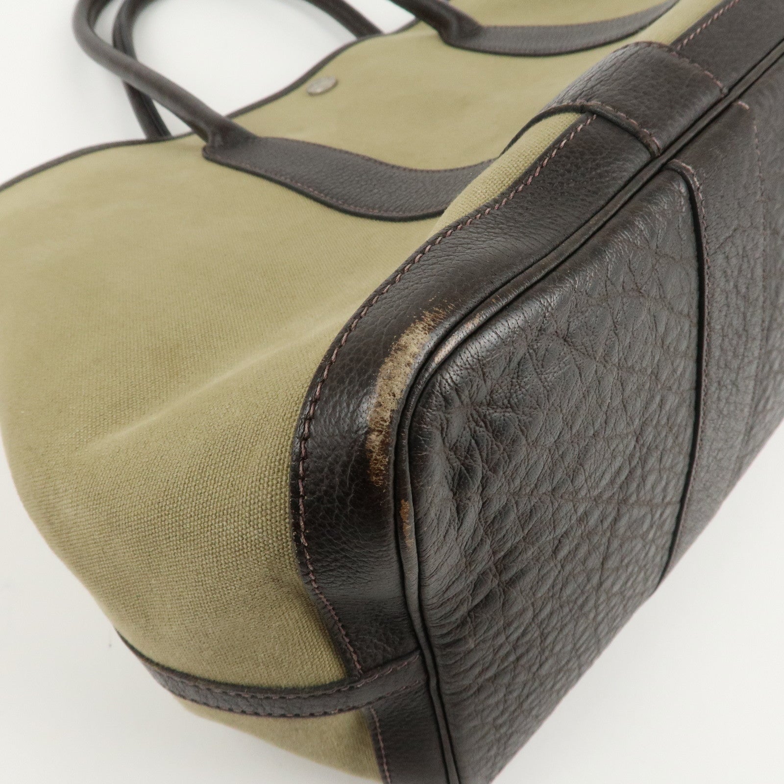 HERMES ToileOfficier Garden Party PM T Stamped Tote Bag Khaki Used