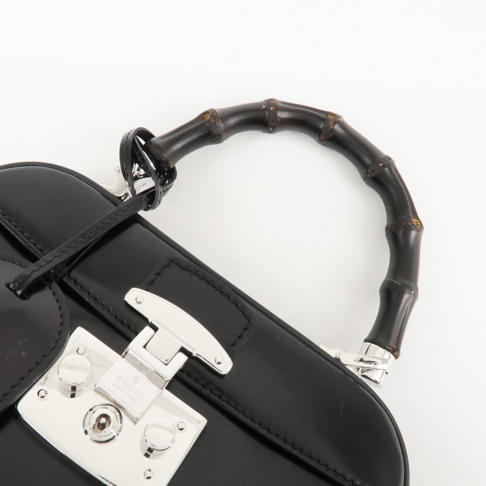 GUCCI Bamboo Leather 2Way Bag Hand Bag Black Handbag 353522 Used