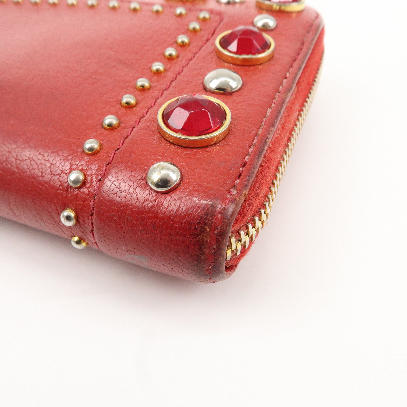 MIU MIU Leather Round Zipper Long Wallet Bijou Studs Red Used