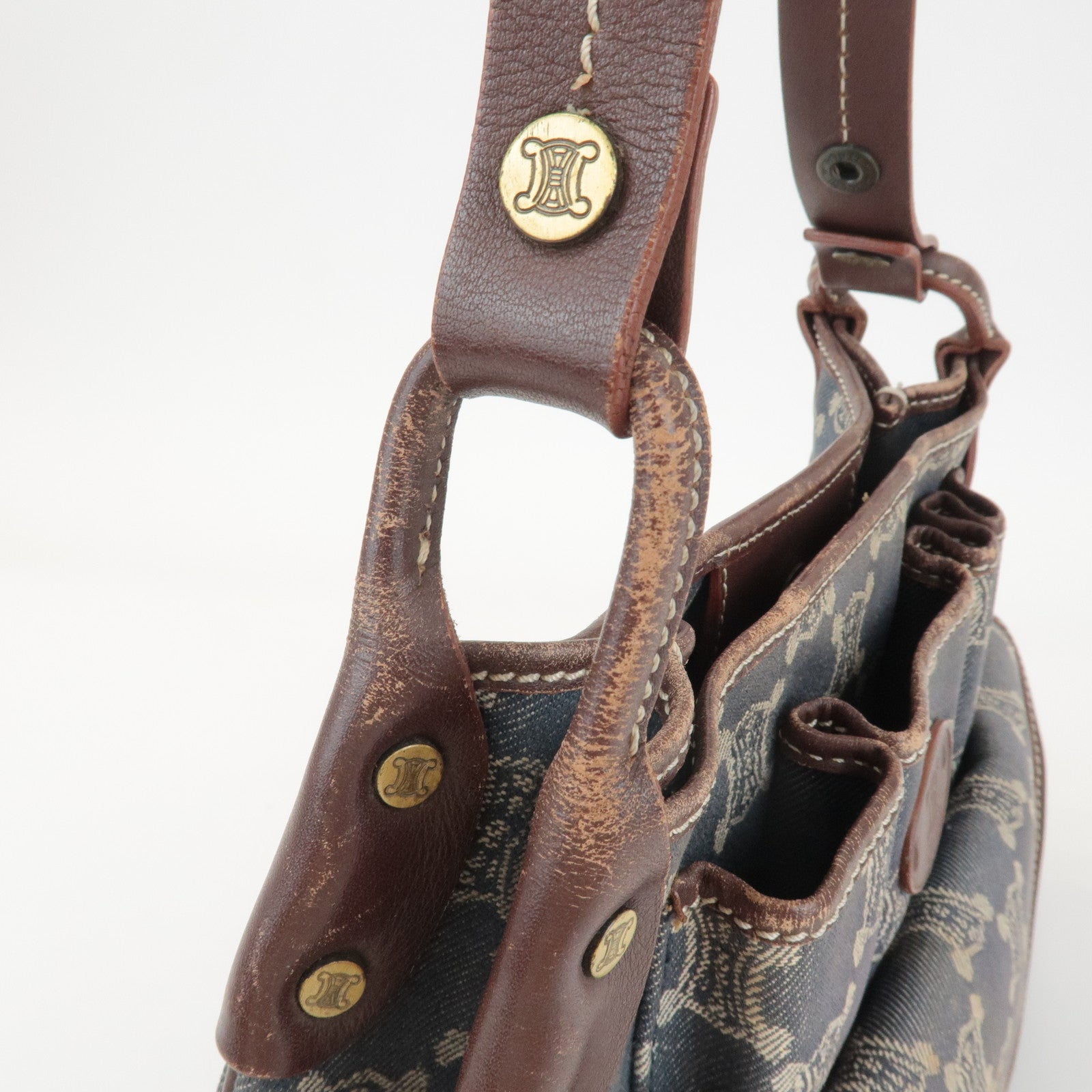 CELINE Macadam Denim Leather Shoulder Bag Blue Brown Used