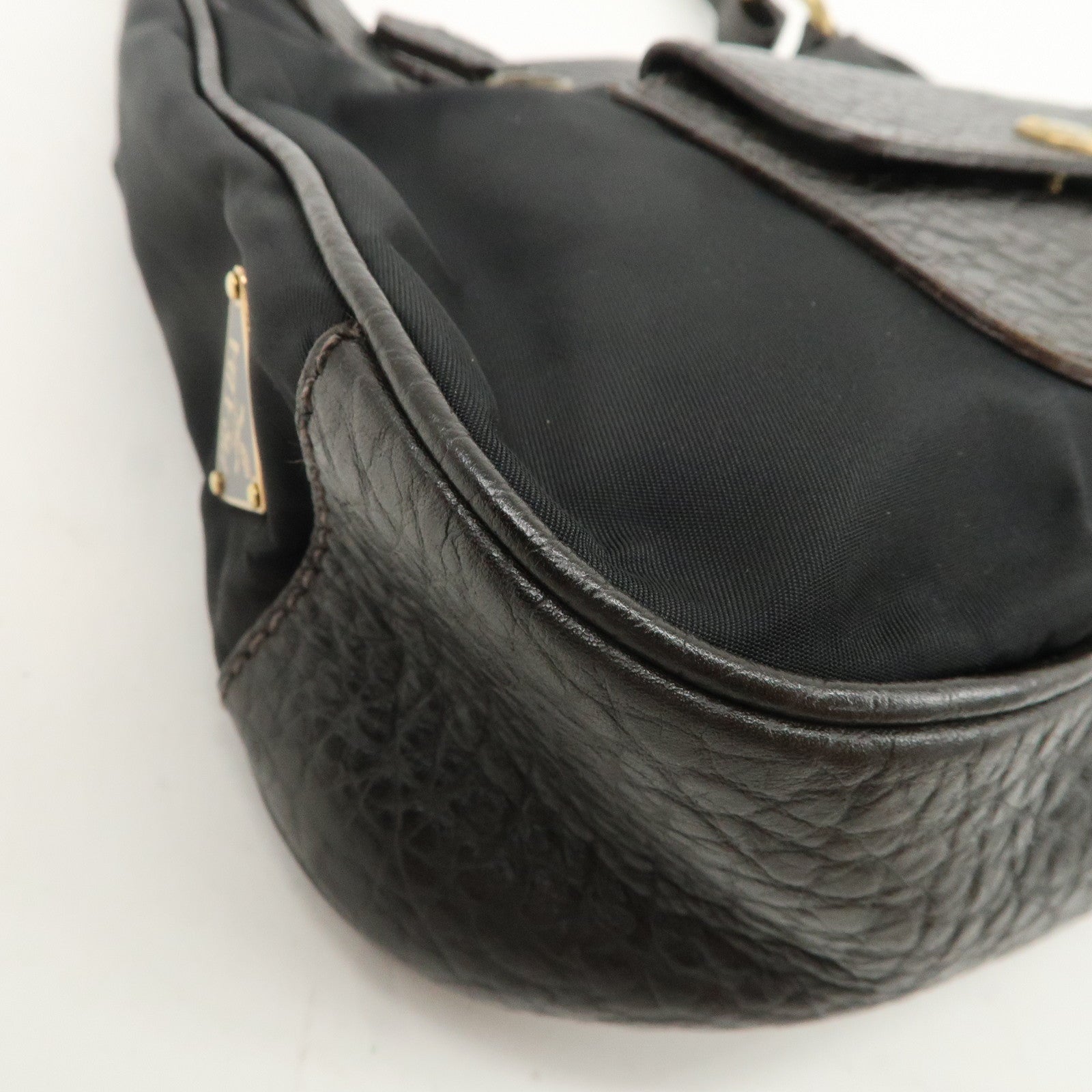PRADA Nylon Leather Shoulder Bag Black Dark Brown BR1973 Used