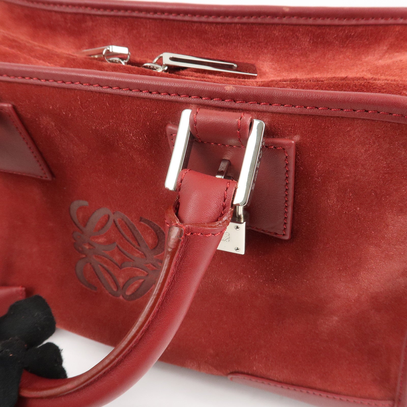 LOEWE Anagram Suede Leather Amazona 28 Hand Bag Red Silver HDW Used