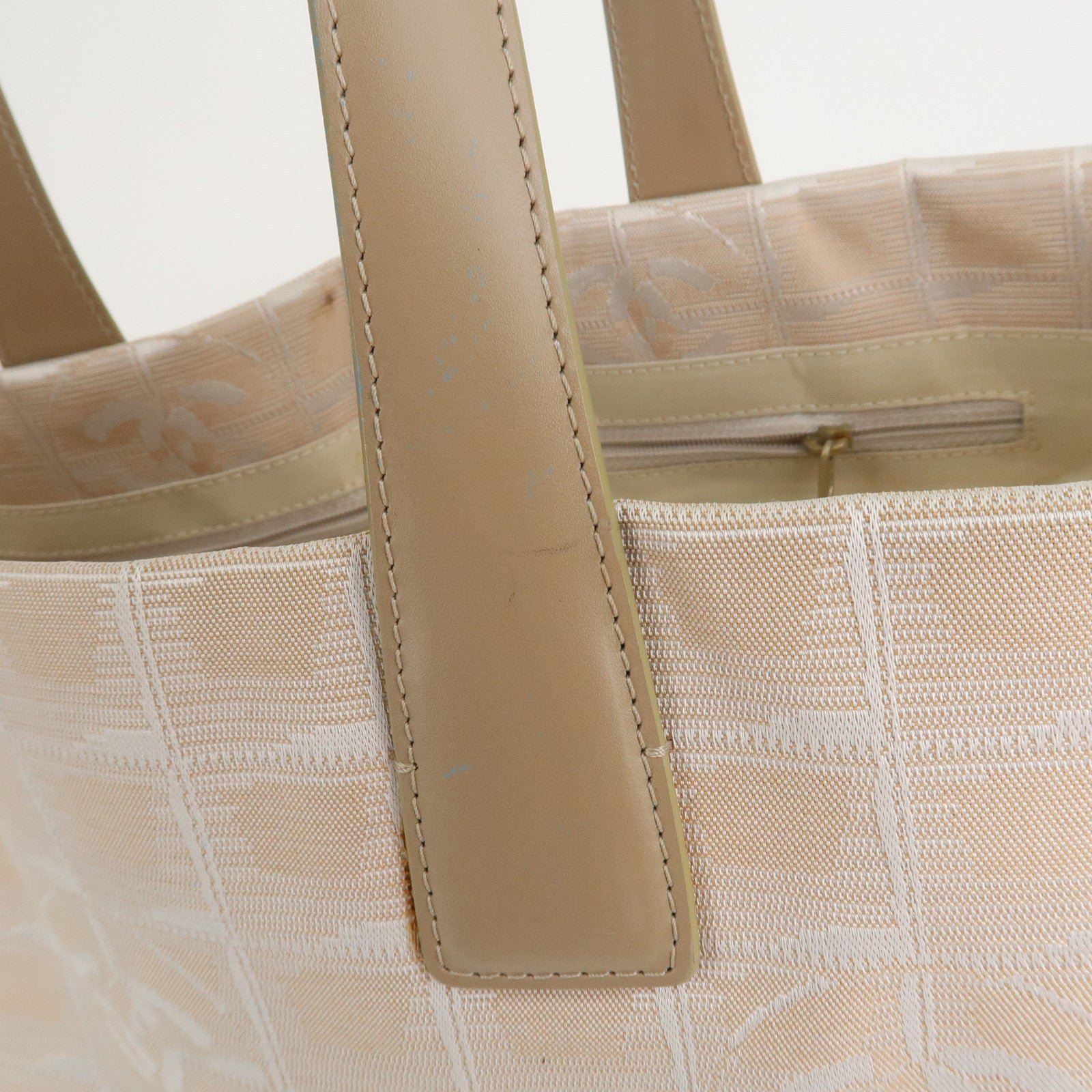 CHANEL New Travel Line Nylon Jacquard Leather Tote Bag MM Beige A15991 Used