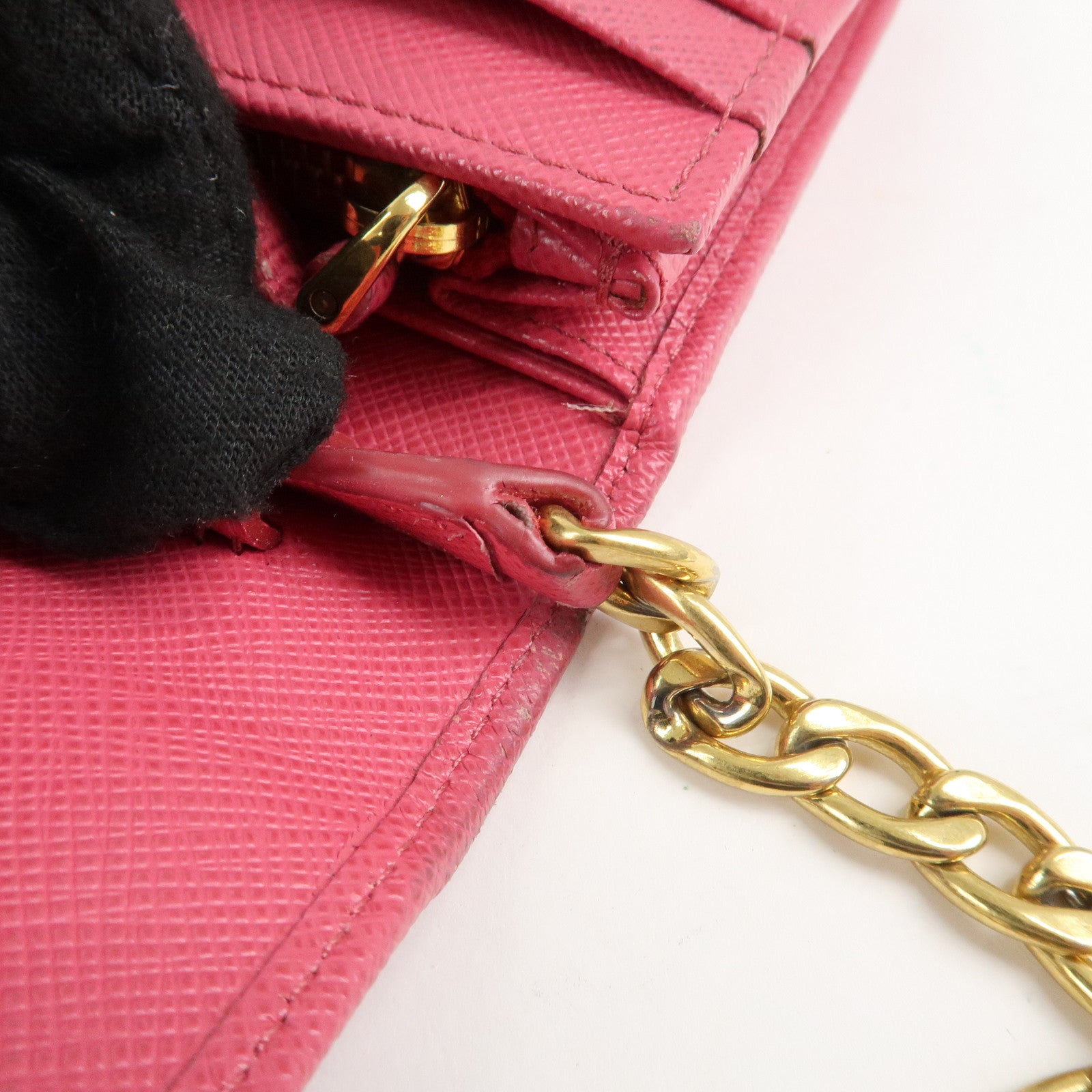PRADA Saffiano Metal Chain Wallet Shoulder Bag Pink 1DH002 Used