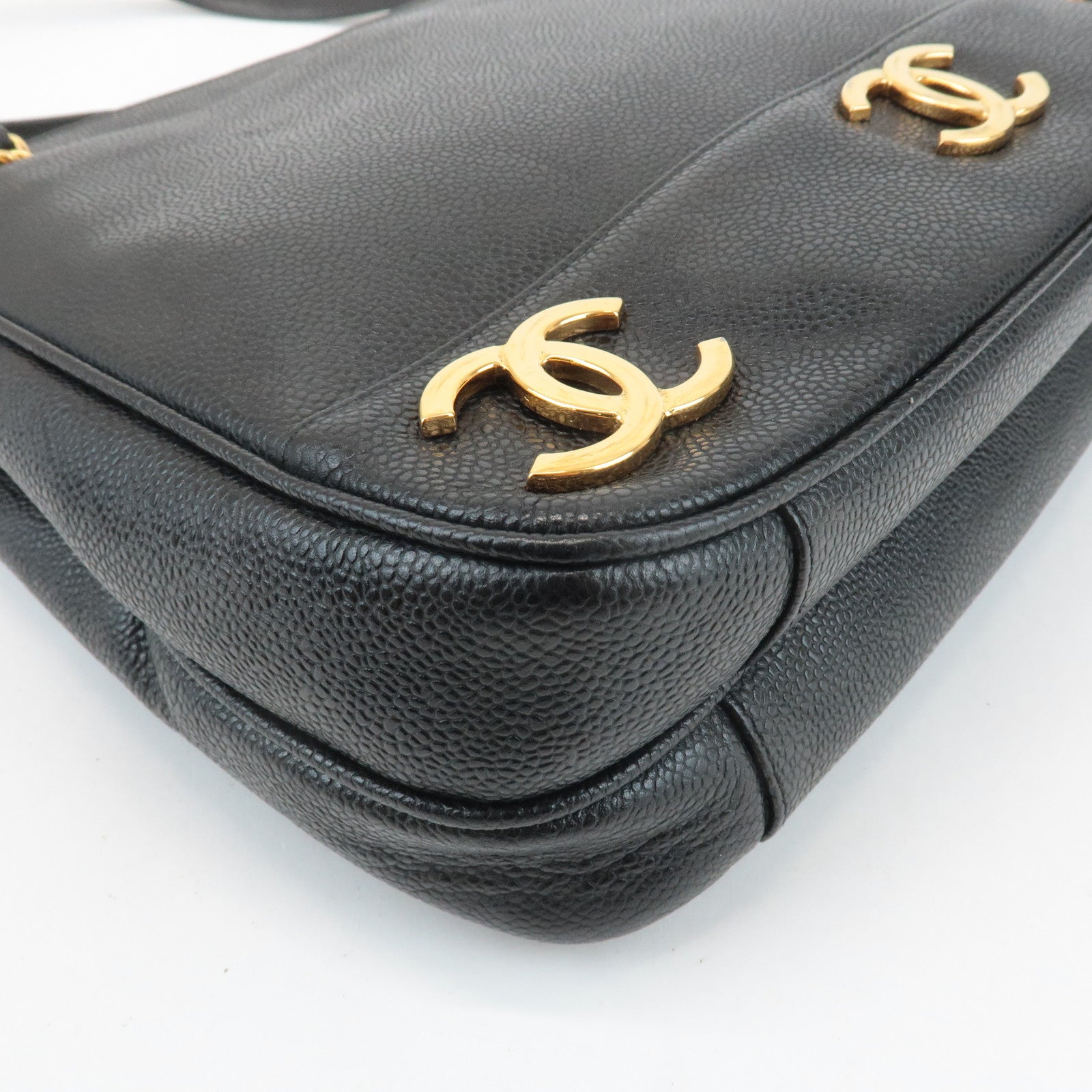 CHANEL Triple COCO Caviar Skin Tote Bag Black Gold Used