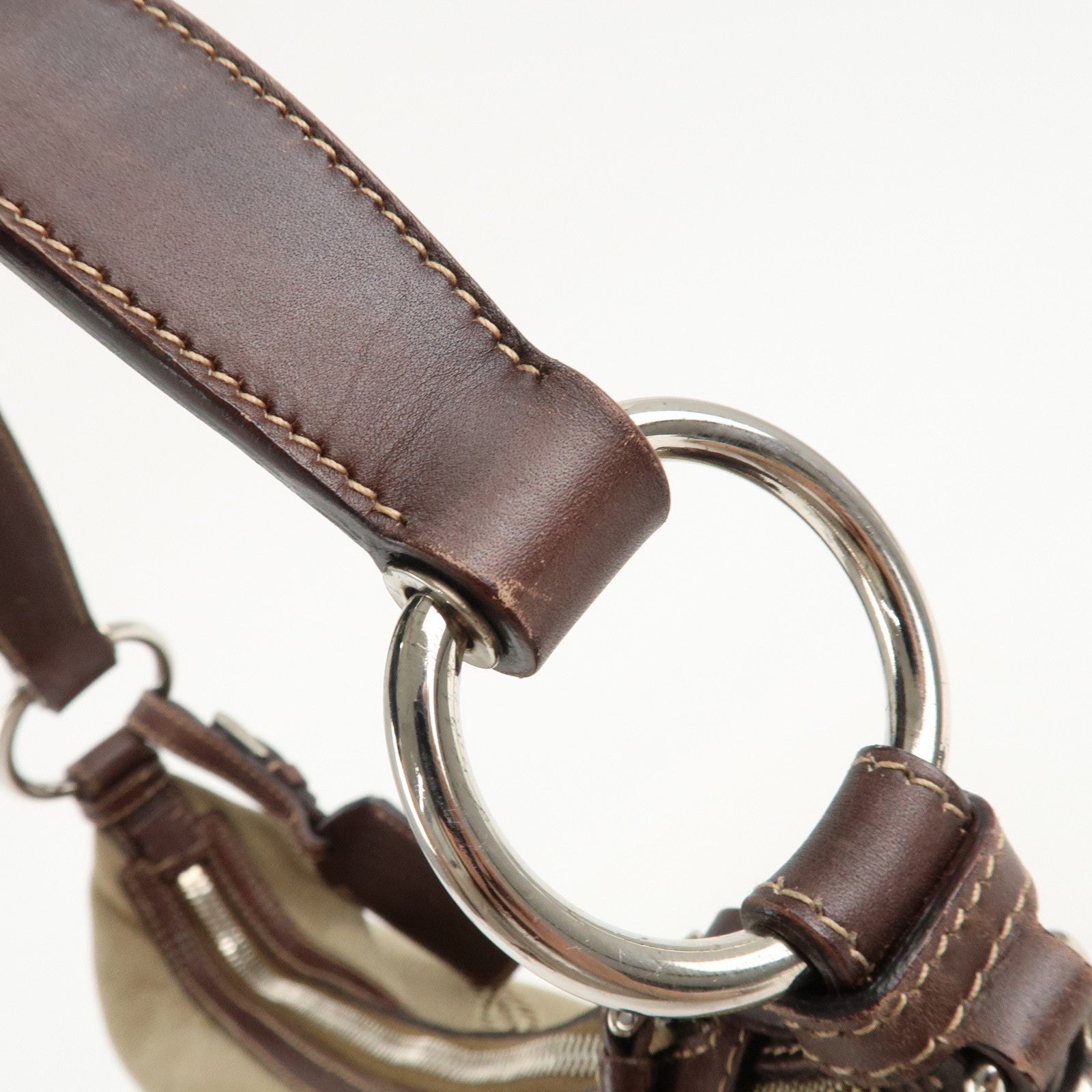 PRADA Logo Jacquard Leather Shoulder Bag Beige Brown Used