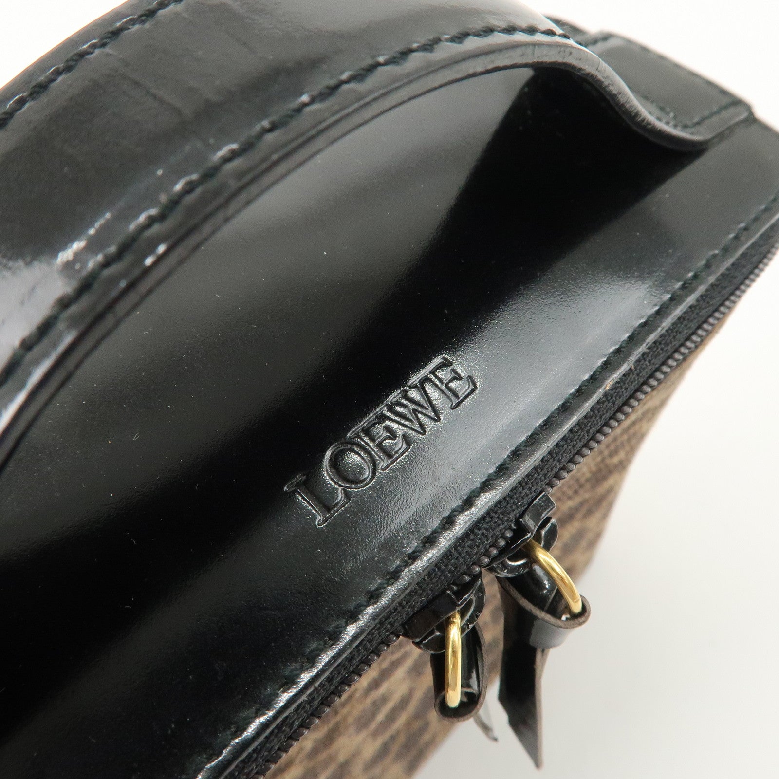 LOEWE Nylon Canvas Patent Leather Leopard Vanity Bag Black Beige Used