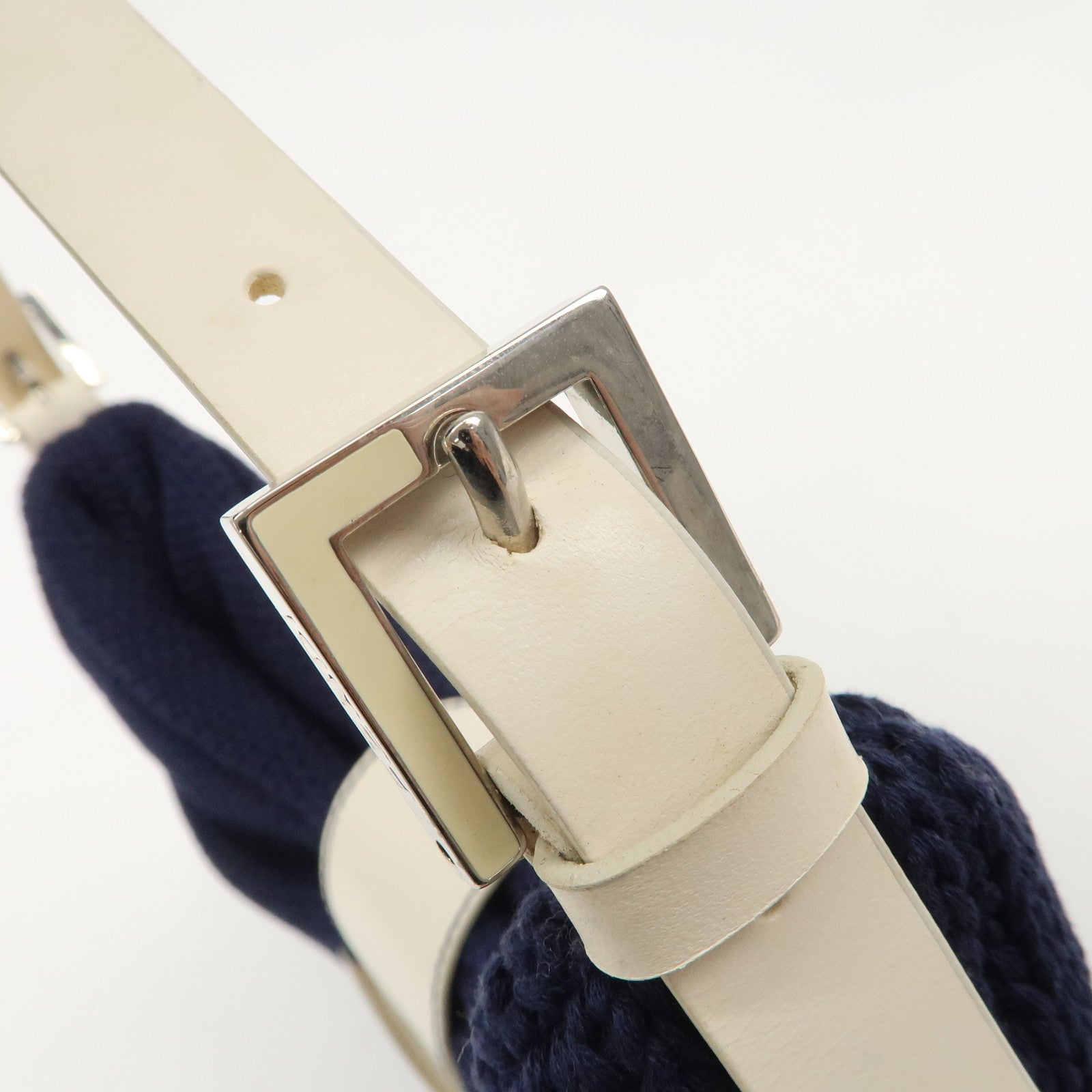 FENDI Wool Leather Shoulder Bag Navy White 26569 Used