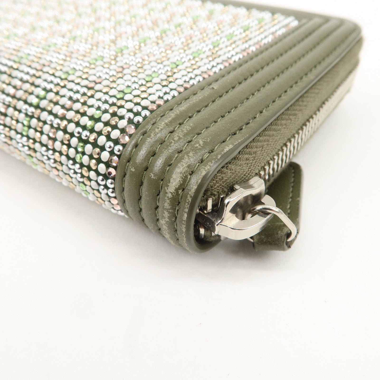 CHANEL Boy Chanel Rhine Stone Leather Round Zipper Long Wallet Used