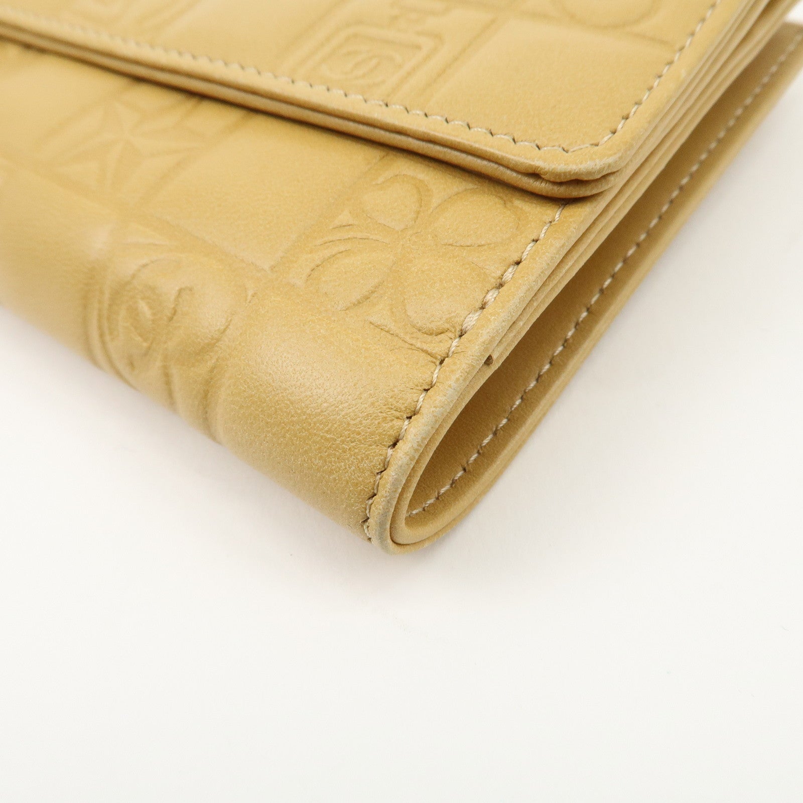CHANEL Icon Line Lamb Skin W Flap Bi-fold Wallet Beige A24212 Used