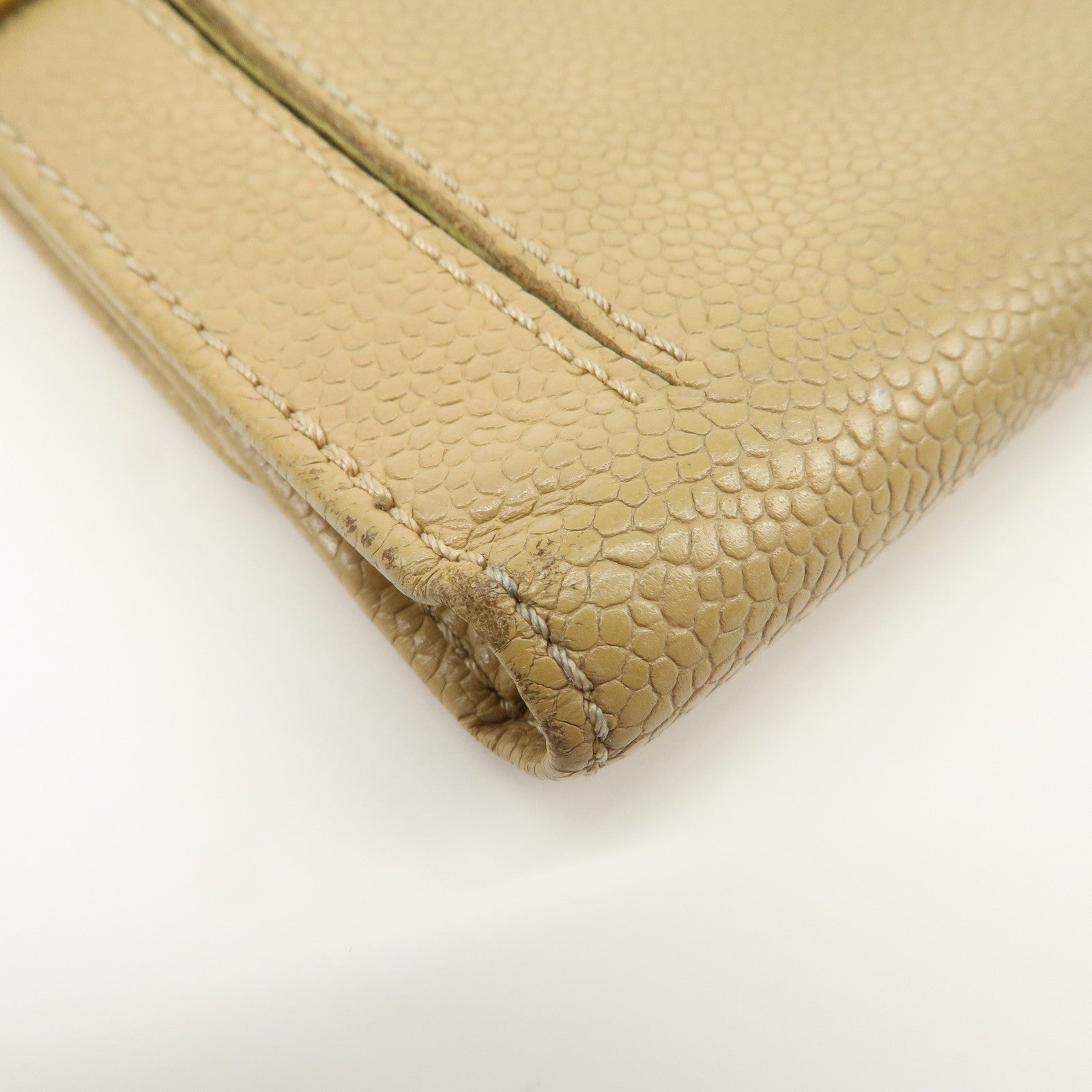 CHANEL Caviar Skin COCO Mark Tri-Fold Wallet Beige Gold Used