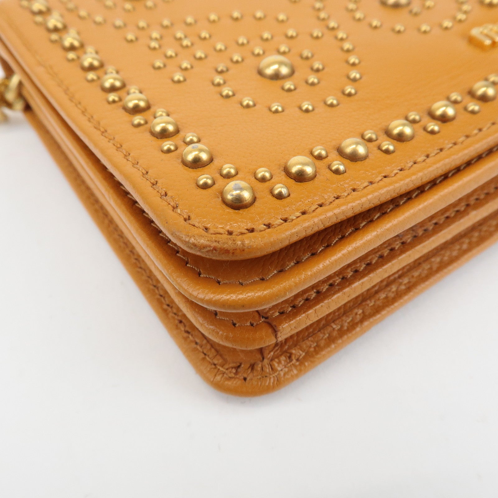 MIU MIU Leather Studs Chain Wallet Shoulder Bag Brown 5BP006 Used