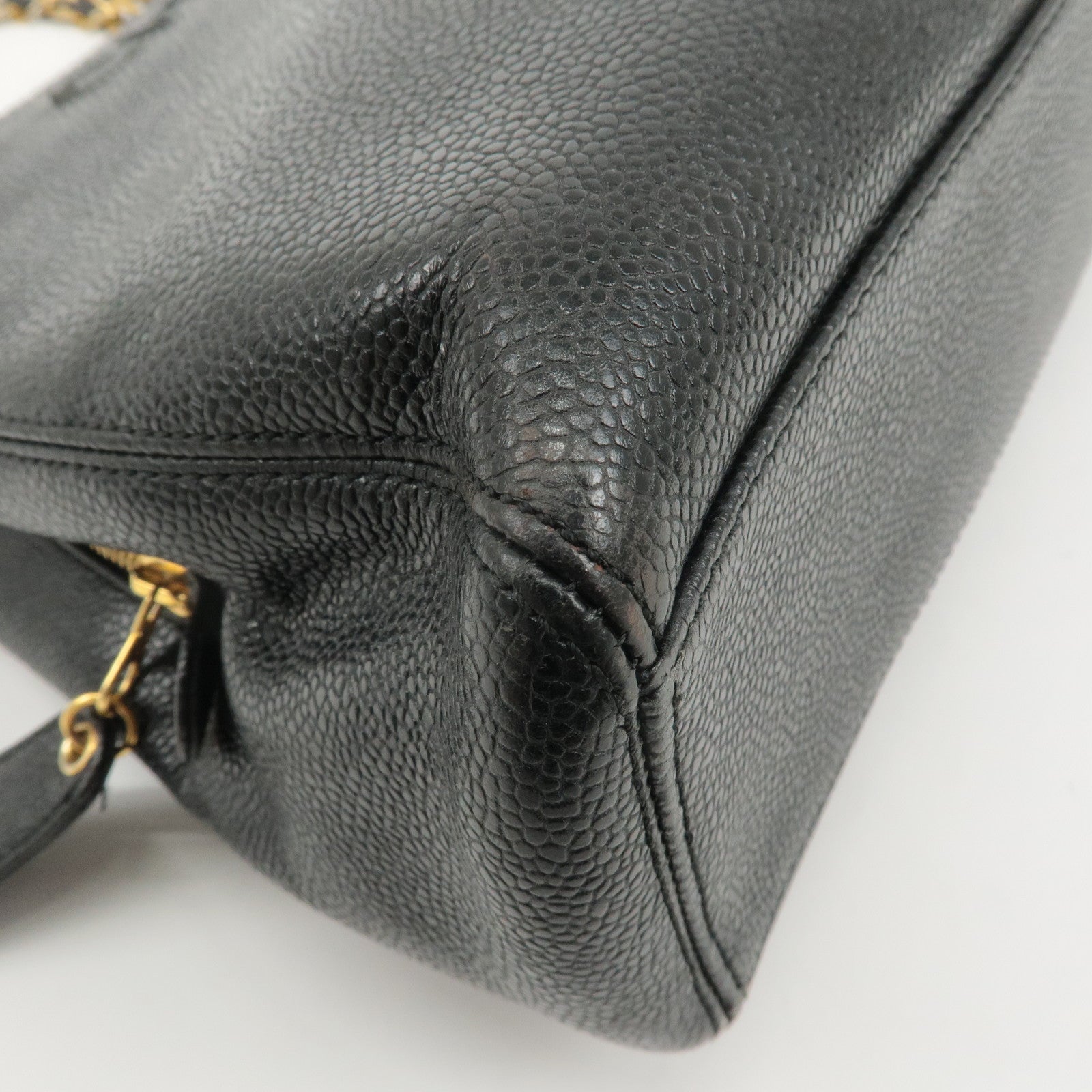 CHANEL Caviar Skin Chain Tote Bag Black Gold Used