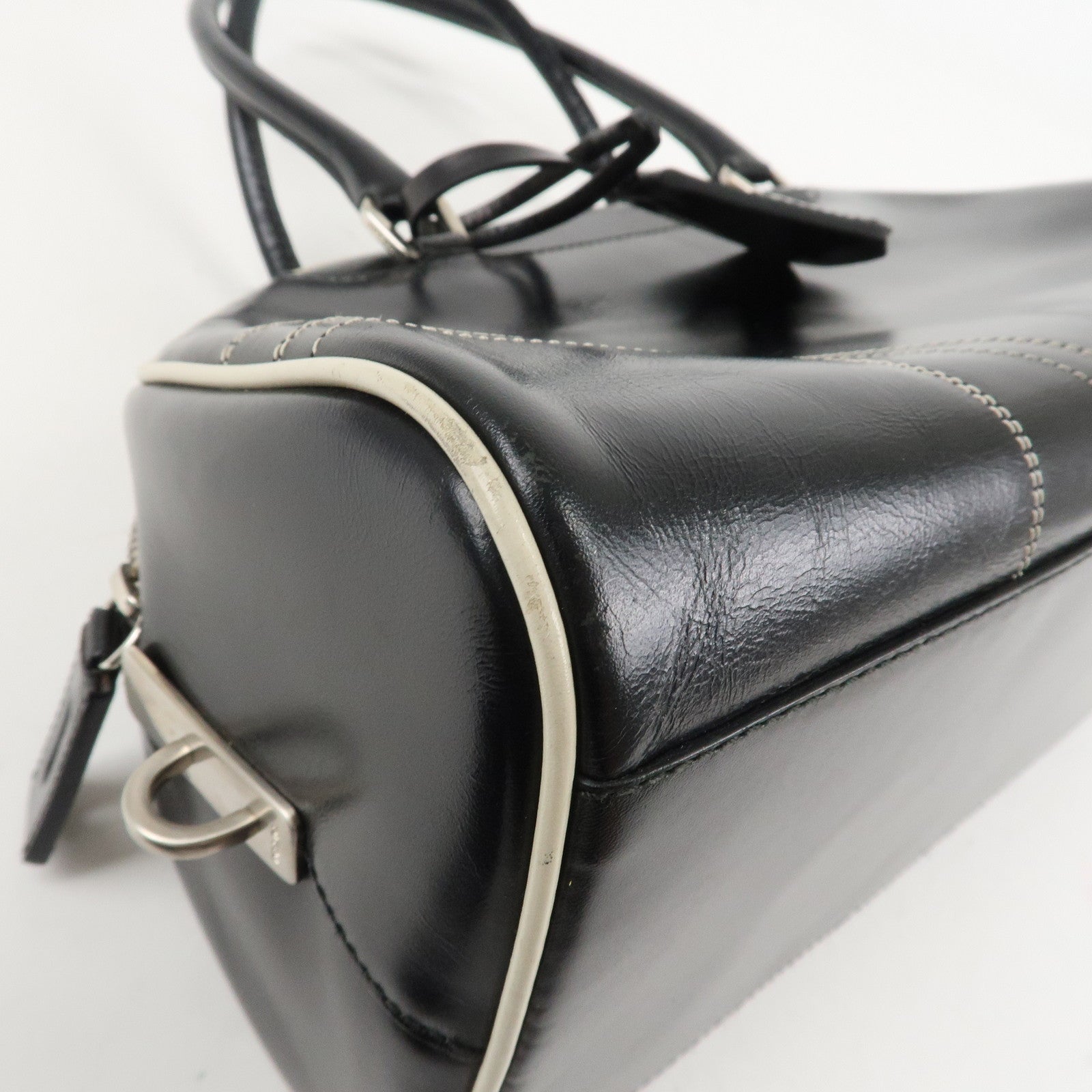 PRADA Leather Mini Boston Bag Shoulder Bag Black Silver HDW Used