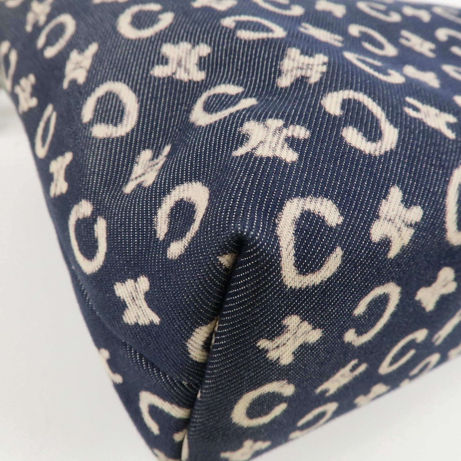 CELINE C Macadam Canvas Leather Shoulder Bag Navy Silver Used