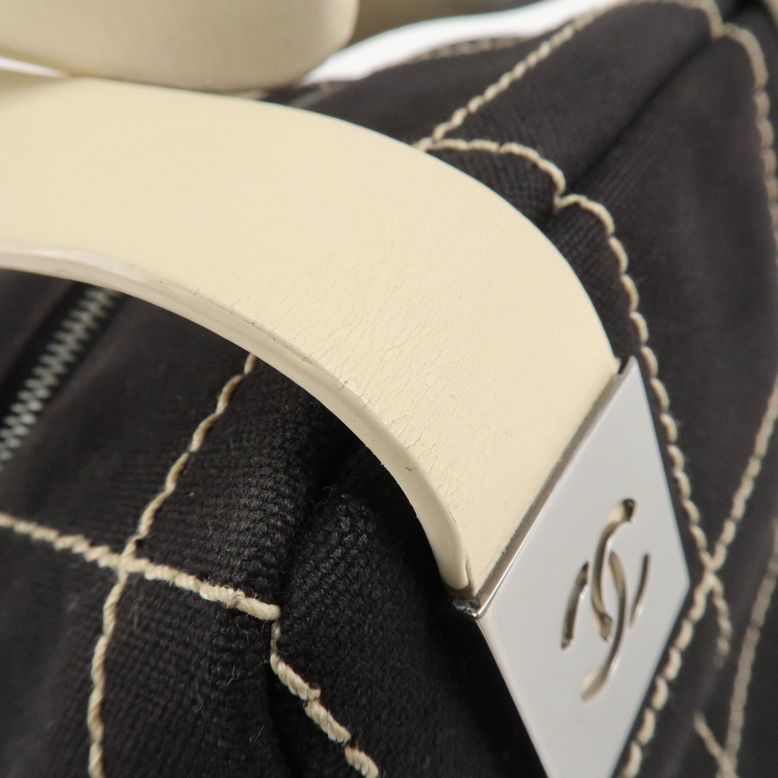 CHANEL Chocolate Bar Stitch Canvas Leather Mini Boston Bag Black Used