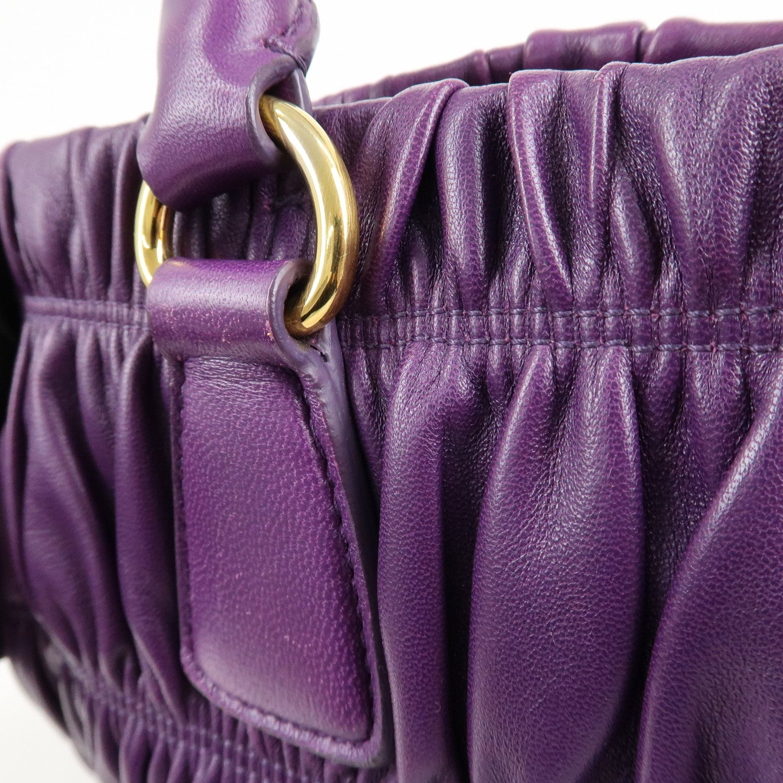PRADA Leather Gathered Hand Bag Purple Gold Hardware BN2394 Used