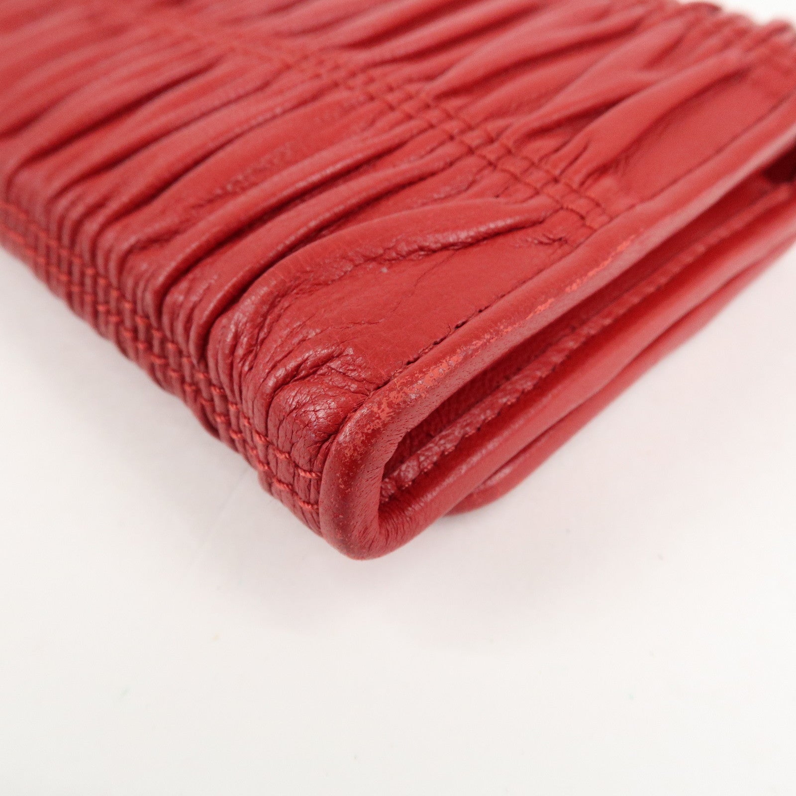 PRADA Logo Leather Bi-Fold Long Wallet Red Gold Hardware Used