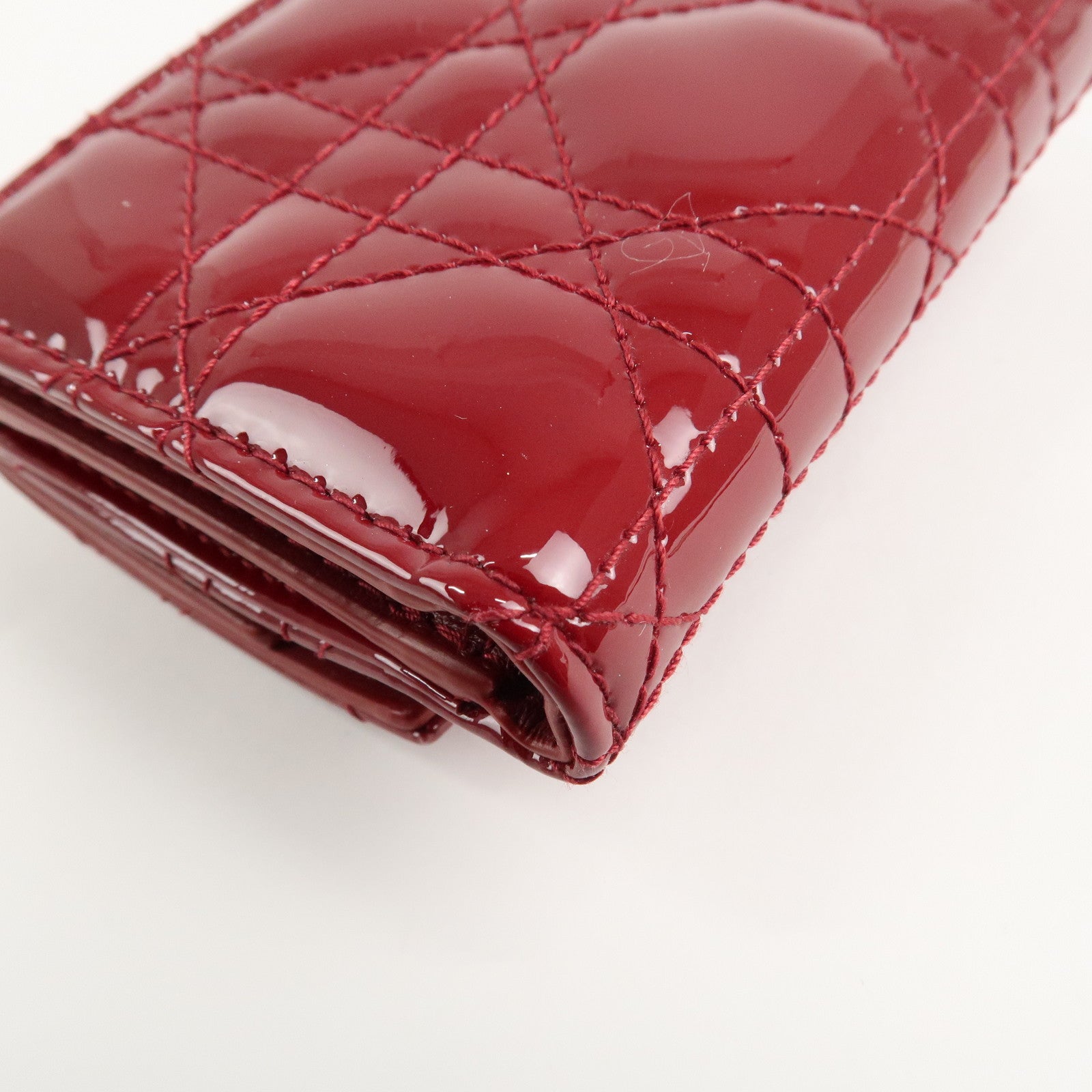 Christian Dior Cannage Lady Dior Leather Lotus Tri fold Wallet Red Used