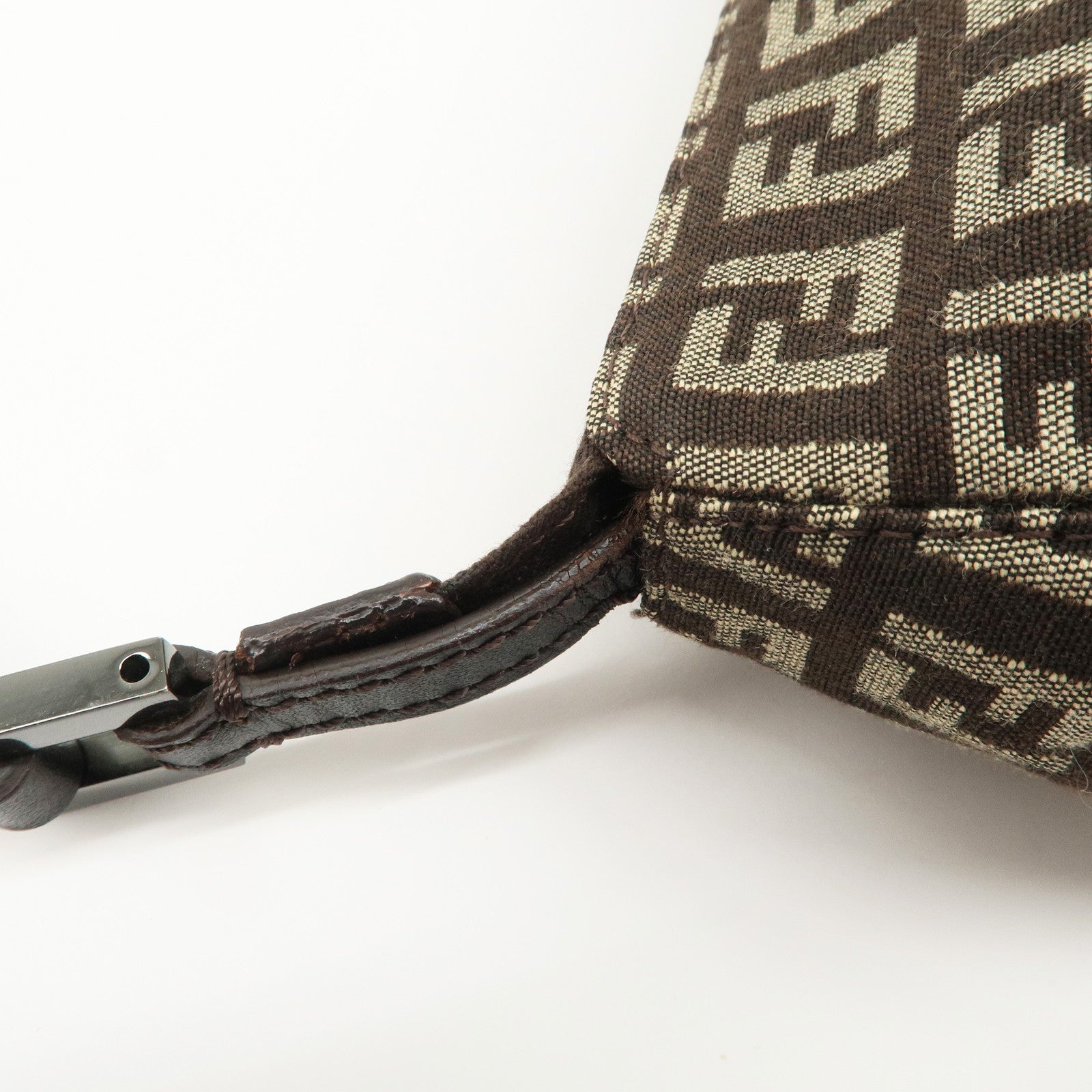 FENDI Zucchino Canvas Leather Shoulder Bag Dark Brown 8BR249 Used