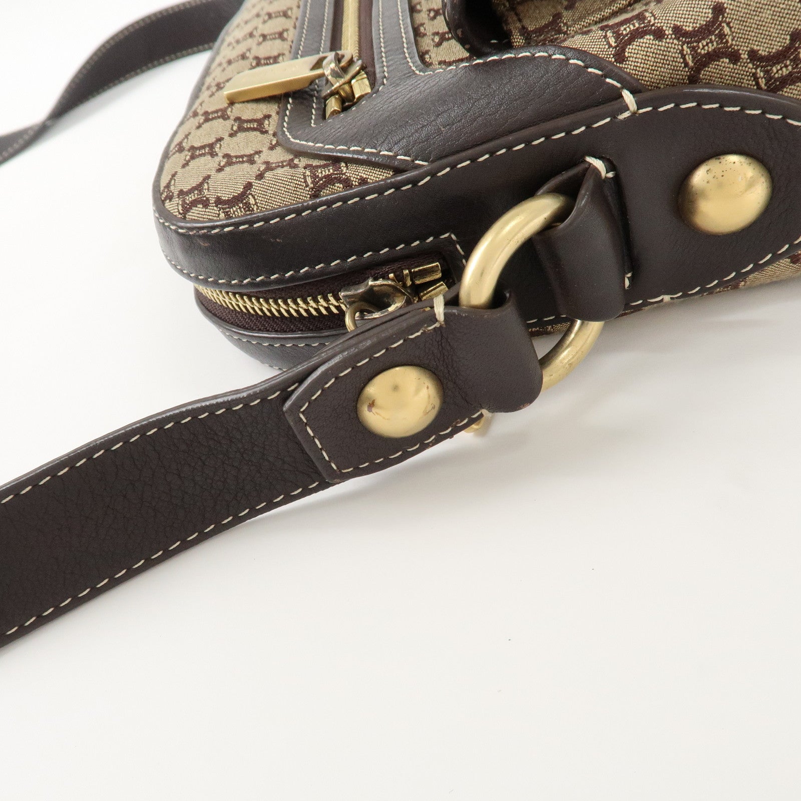 CELINE Macadam Canvas Leather Shoulder Crossbody Bag Beige Brown Used