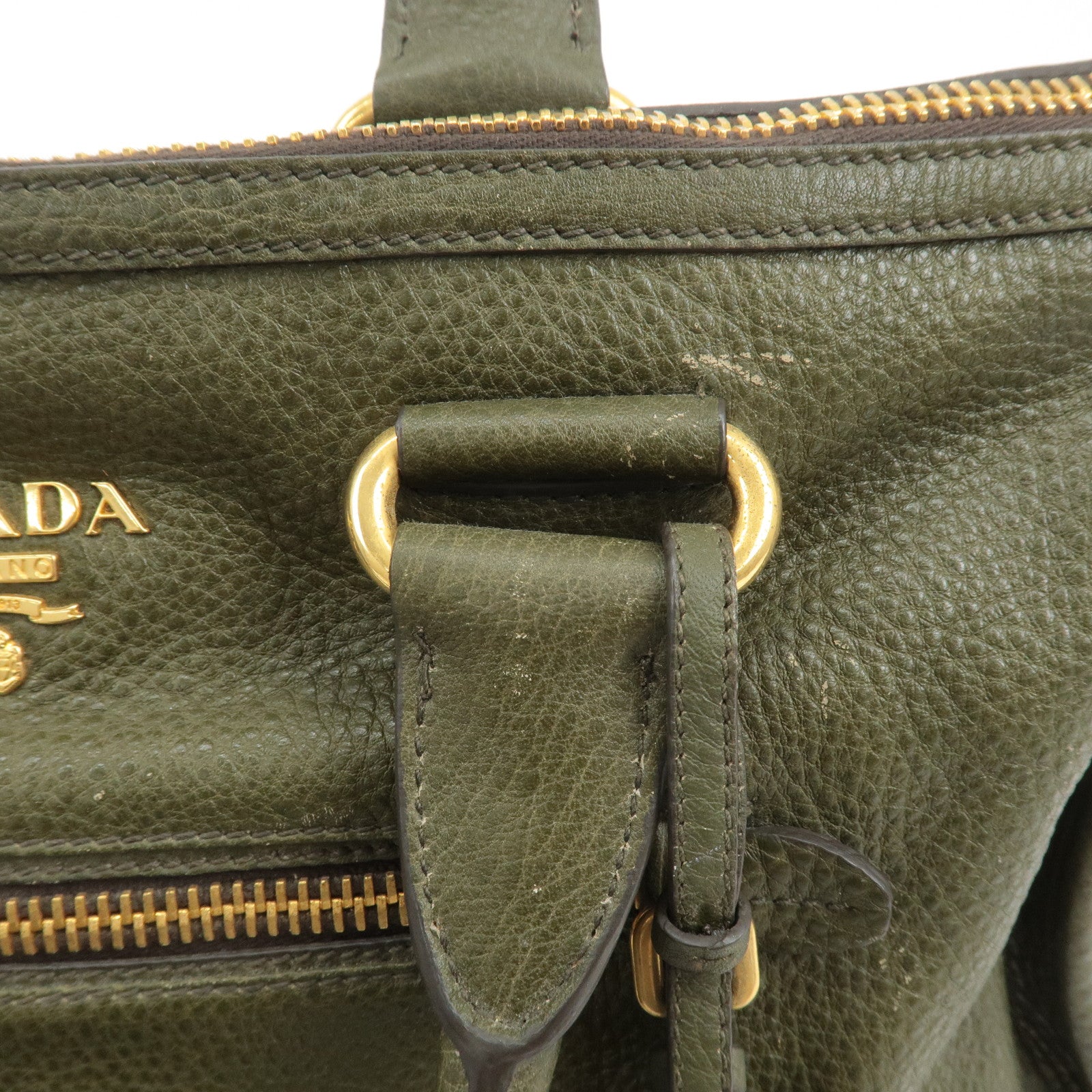 PRADA Leather 2Way Bag Hand Bag Shoulder Bag Khaki BL0805 Used