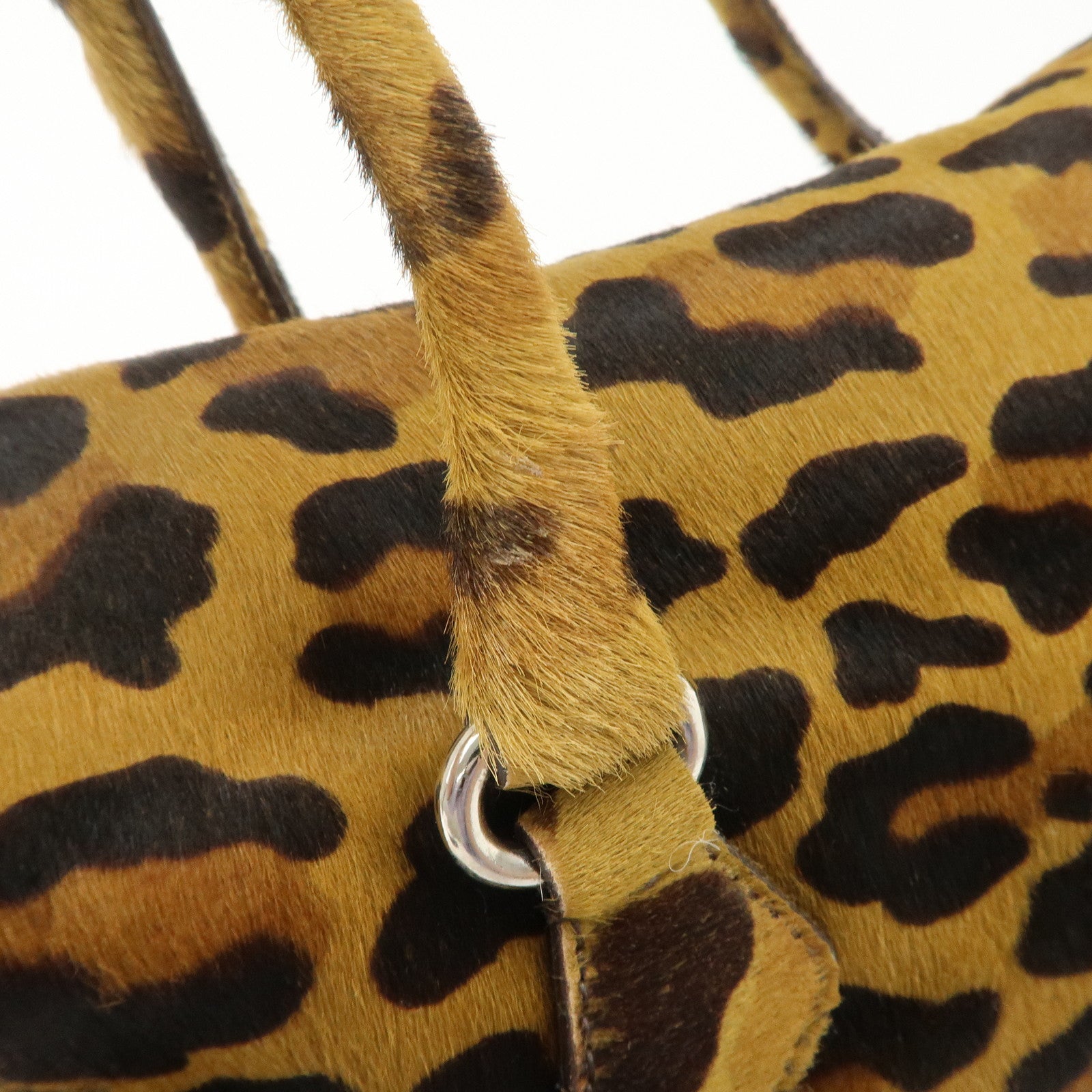 PRADA Logo Unborn Calf Leopard Shoulder Bag Hand Bag Brown Used