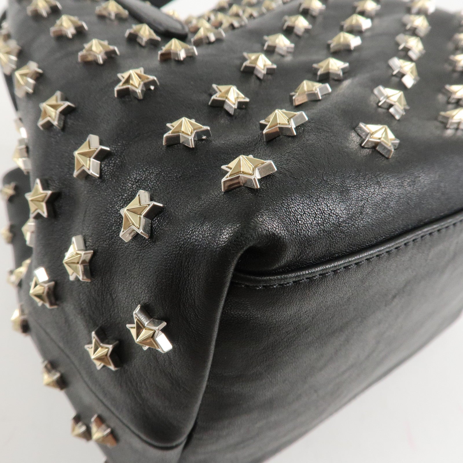 JIMMY CHOO Leather Tote Bag Hand Bag Star Studs Black Gold HDW Used