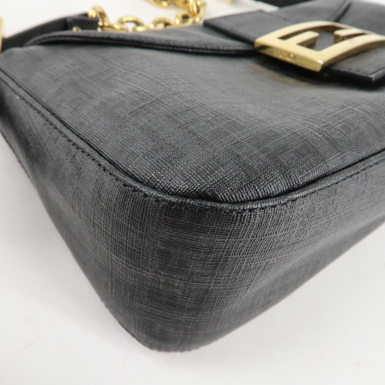 FENDI Zucchino PVC Leather Chain Shoulder Bag Gray Black 8BR003 Used