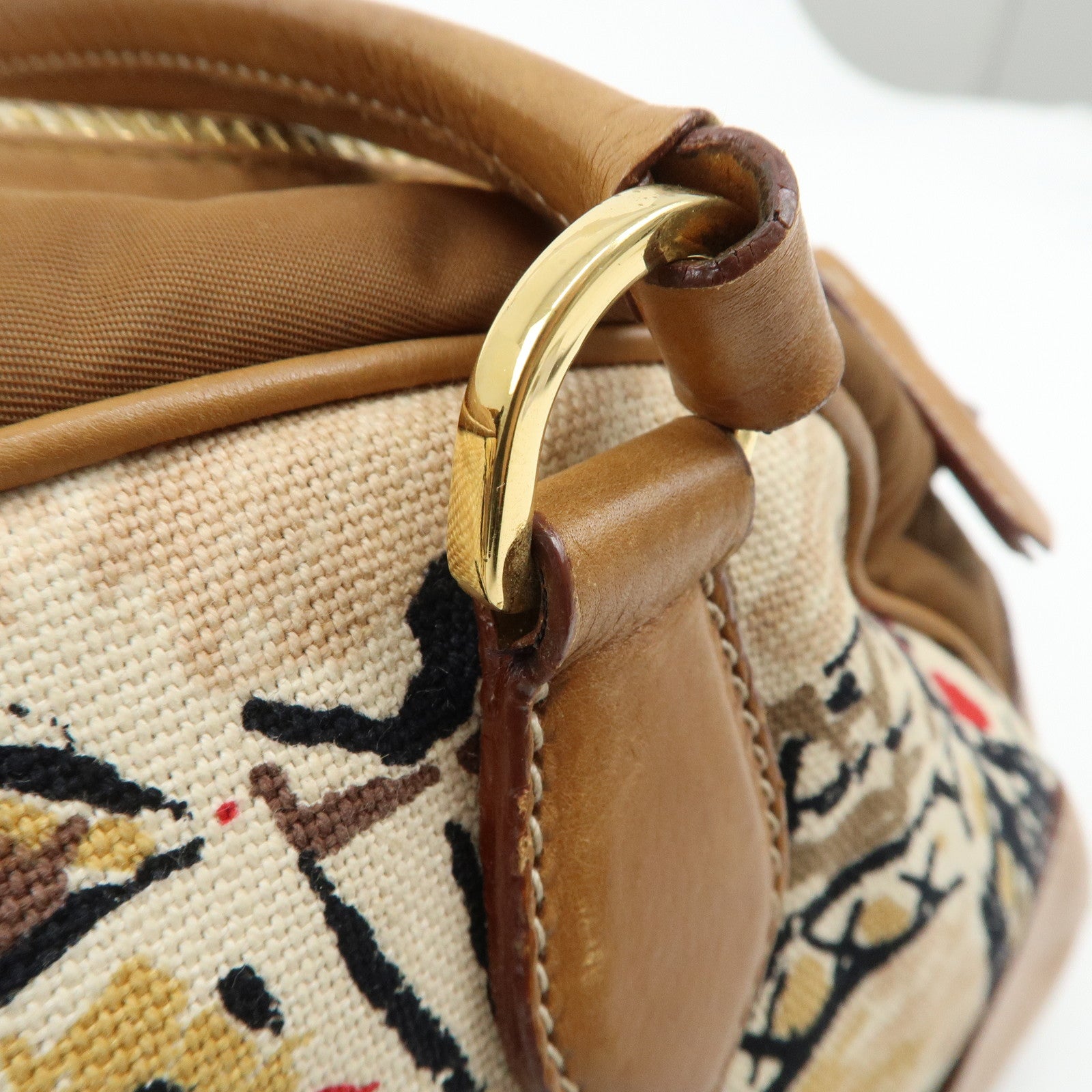PRADA Logo Canvas Leather Nylon Shoulder Bag Boston Bag Brown Used